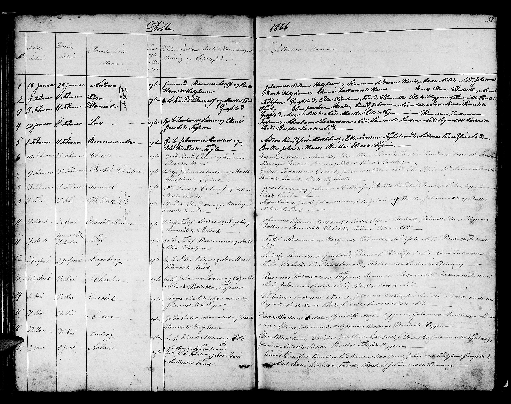 Jølster sokneprestembete, SAB/A-80701/H/Hab/Habb/L0001: Parish register (copy) no. B 1, 1853-1887, p. 32