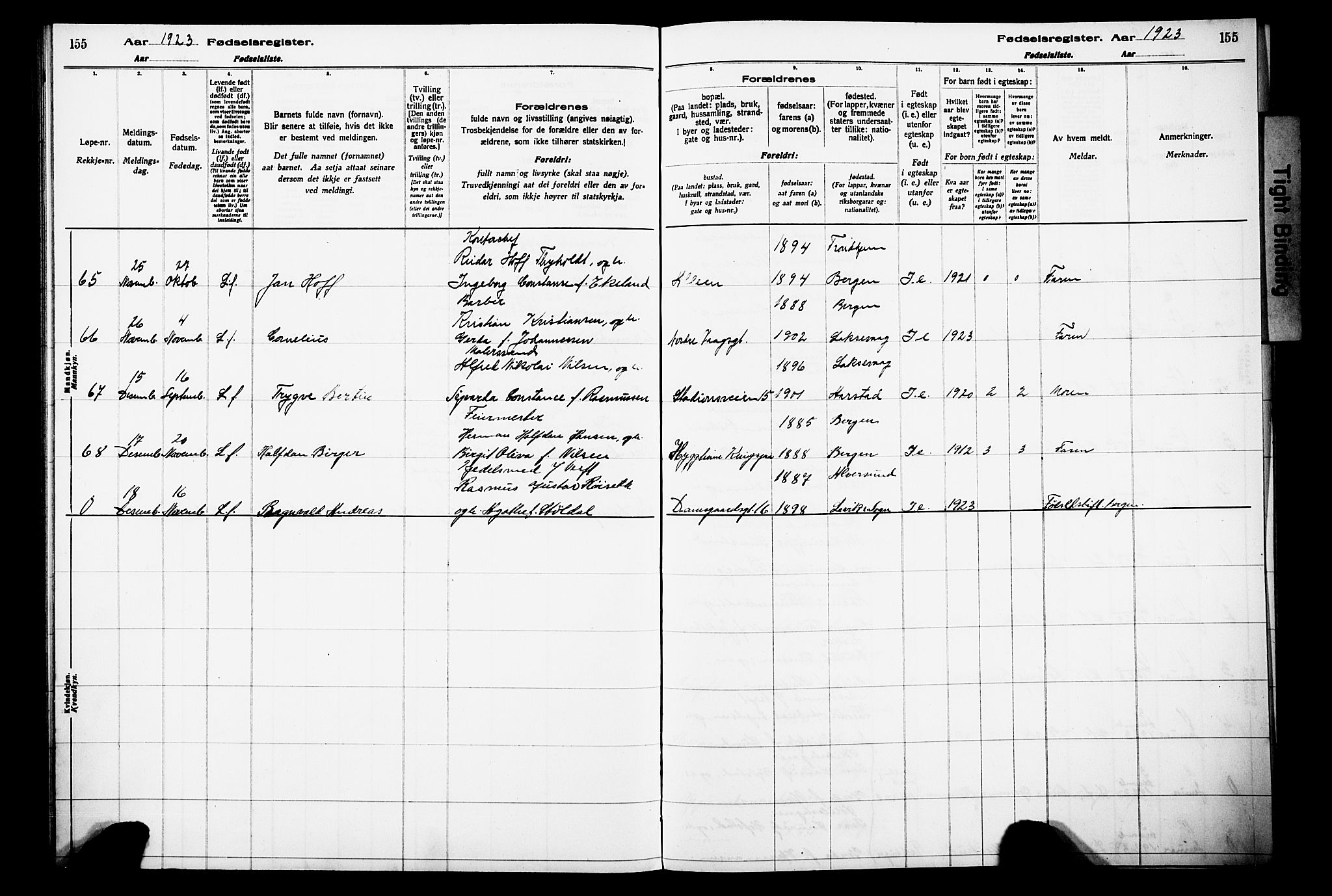 Laksevåg Sokneprestembete, SAB/A-76501/I/Id/L00A1: Birth register no. A 1, 1916-1926, p. 155