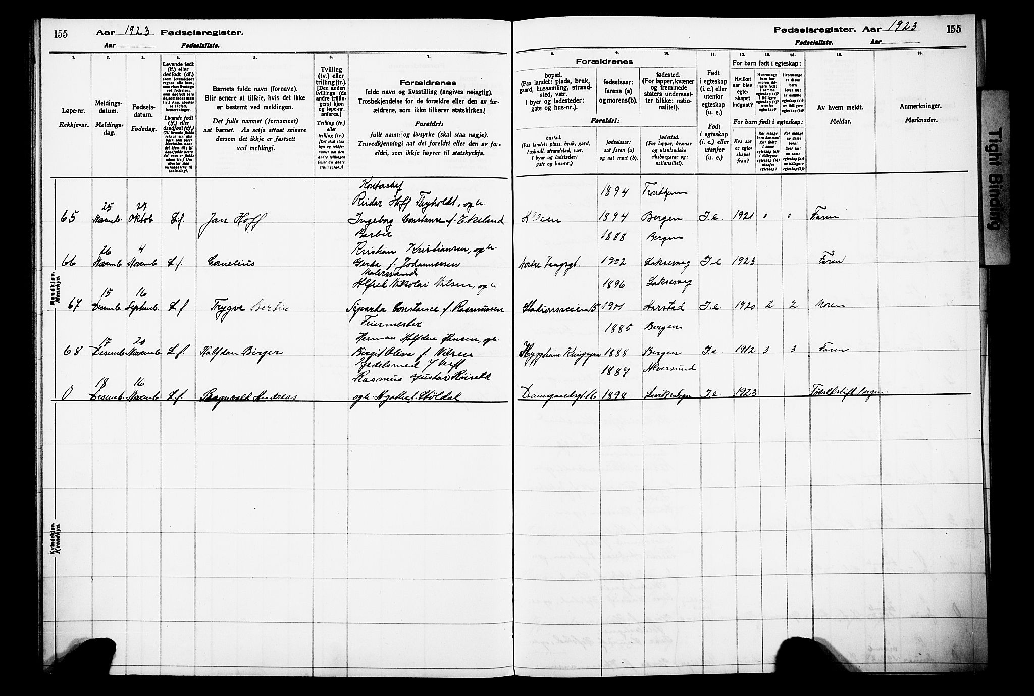 Laksevåg Sokneprestembete, AV/SAB-A-76501/I/Id/L00A1: Birth register no. A 1, 1916-1926, p. 155