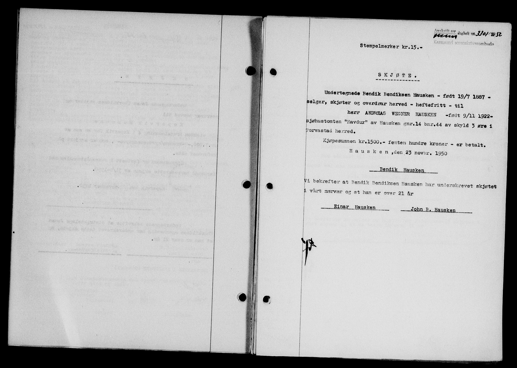 Karmsund sorenskriveri, SAST/A-100311/01/II/IIB/L0101: Mortgage book no. 81A, 1950-1951, Diary no: : 3301/1950