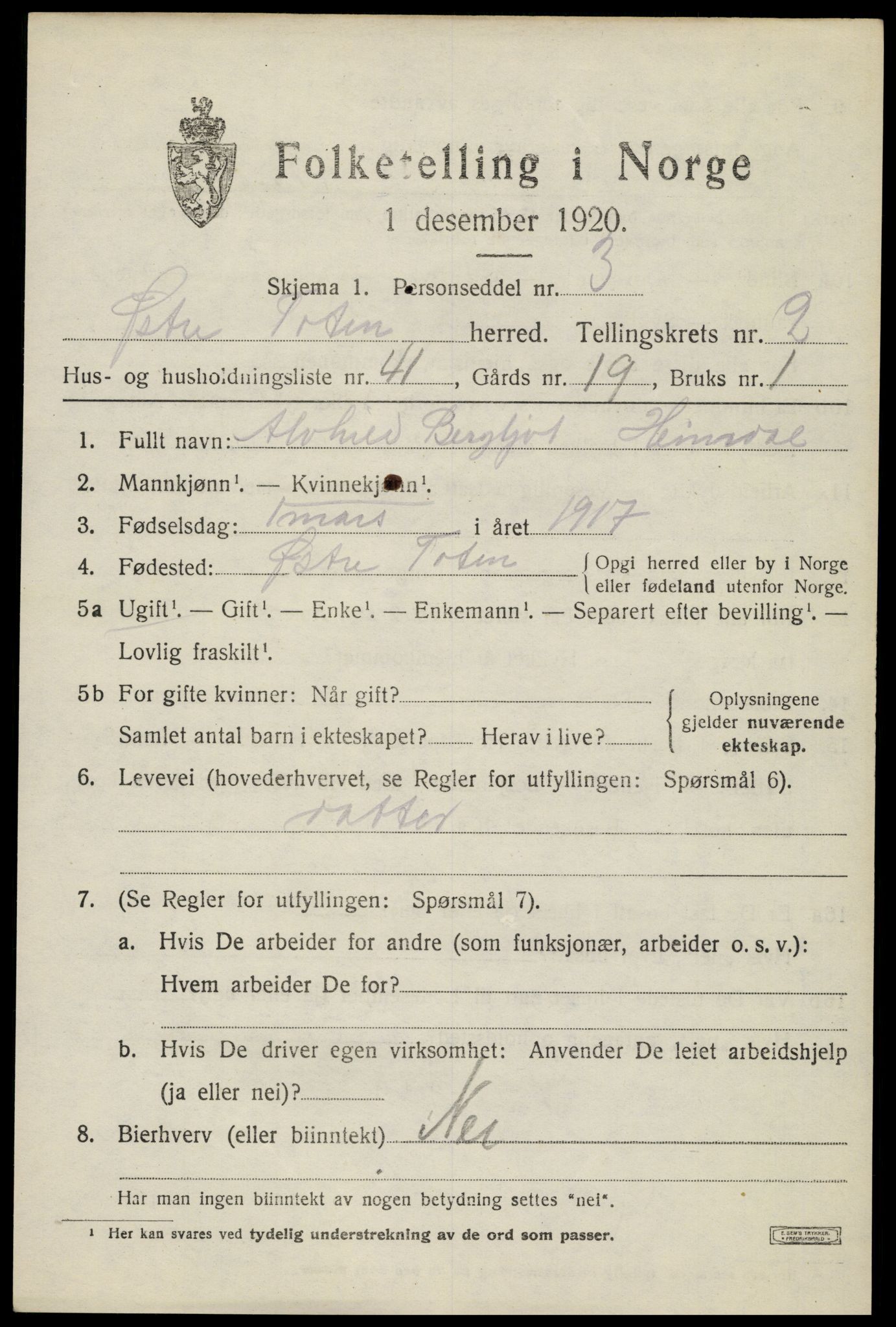 SAH, 1920 census for Østre Toten, 1920, p. 4726