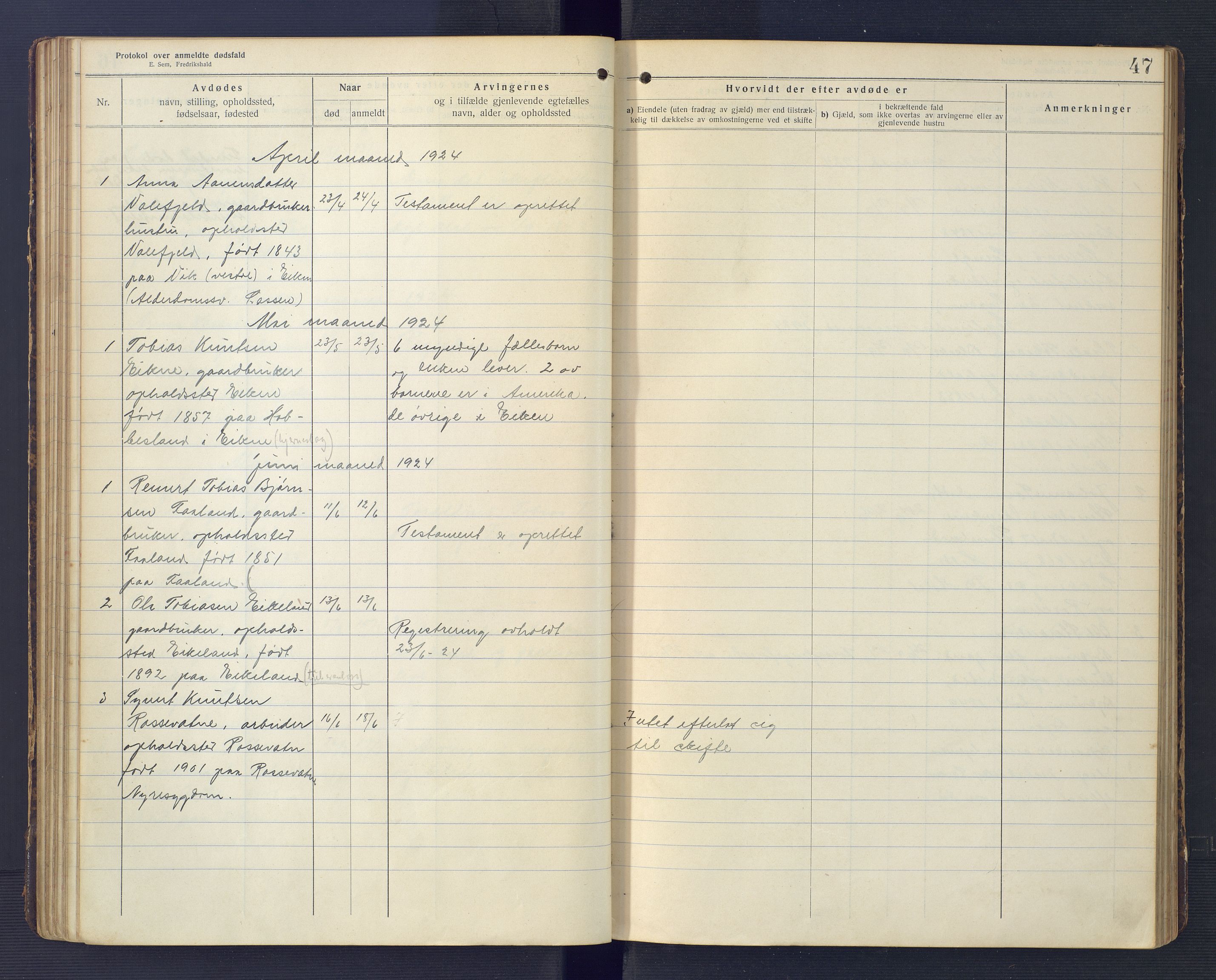 Hægebostad og Eiken lensmannskontor, SAK/1241-0023/F/Fe/L0002: Dødsfallsprotokoll nr 34, 1917-1932, p. 47