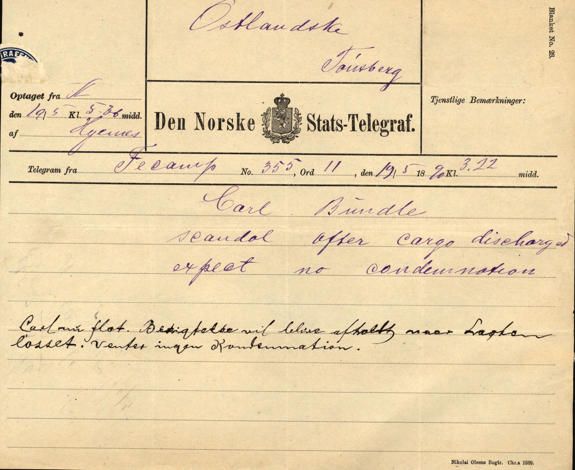 Pa 63 - Østlandske skibsassuranceforening, VEMU/A-1079/G/Ga/L0025/0003: Havaridokumenter / Josephine, Carl, Johanna, Castro, Comorin, Corona, 1890, p. 28