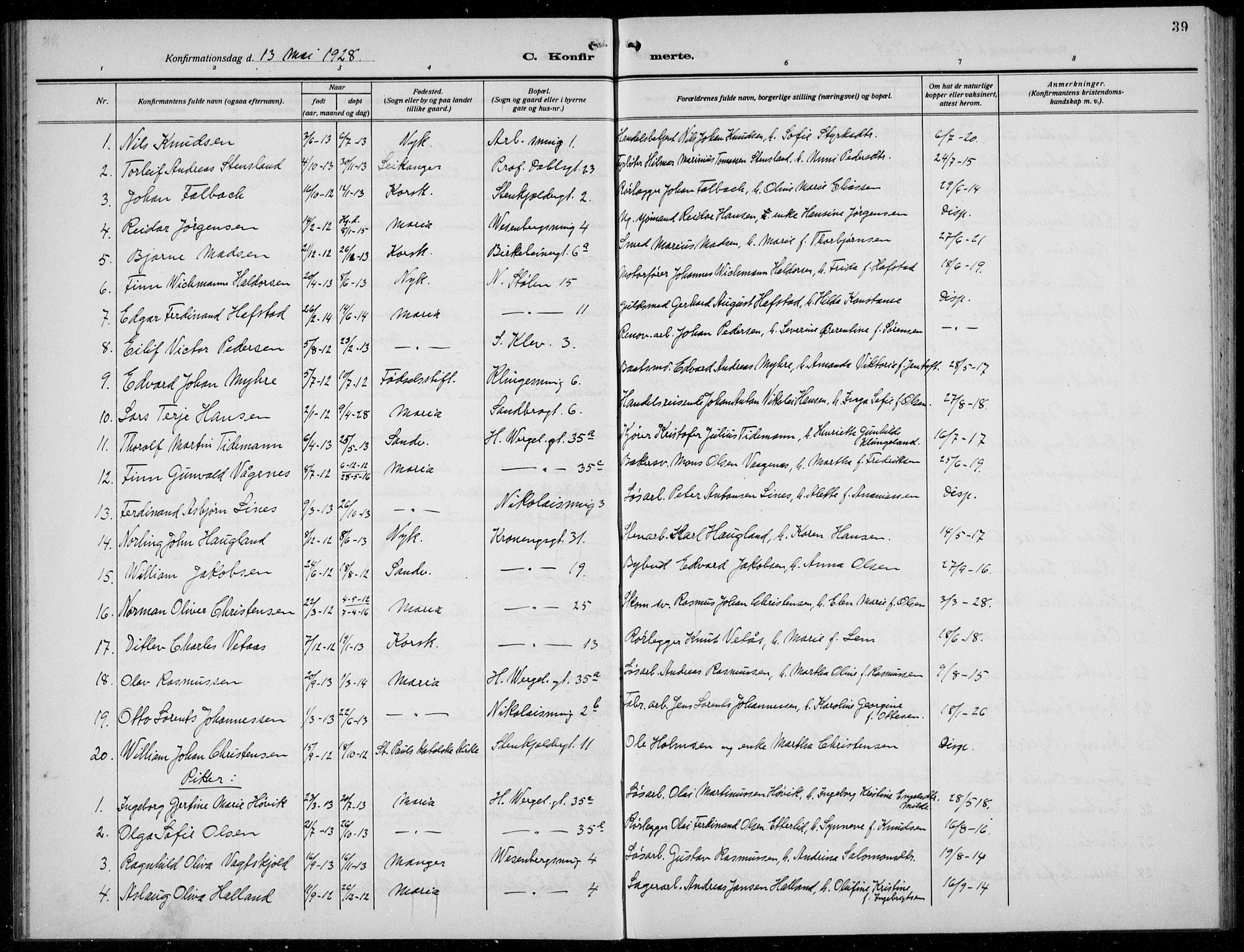 Mariakirken Sokneprestembete, SAB/A-76901/H/Hab/L0010: Parish register (copy) no. A 10, 1920-1937, p. 39
