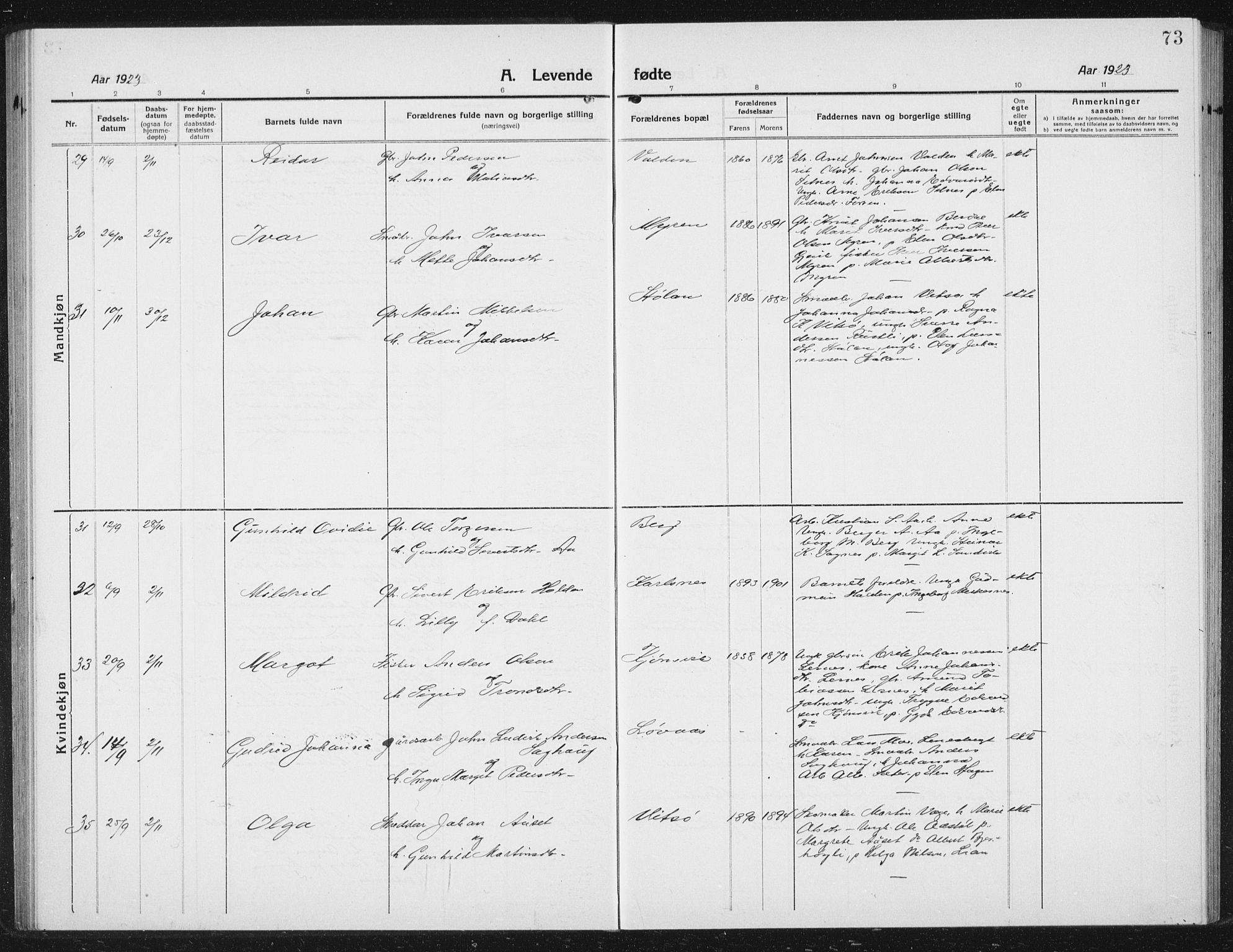 Ministerialprotokoller, klokkerbøker og fødselsregistre - Sør-Trøndelag, AV/SAT-A-1456/630/L0506: Parish register (copy) no. 630C04, 1914-1933, p. 73