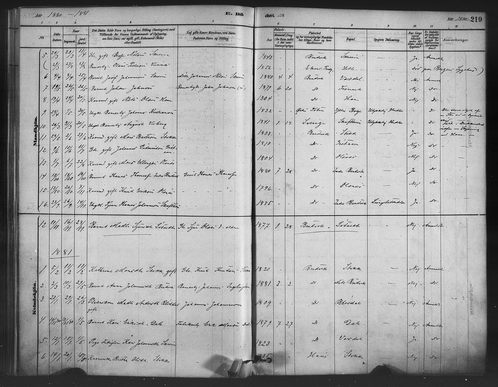 Bruvik Sokneprestembete, SAB/A-74701/H/Haa: Parish register (official) no. B 1, 1878-1904, p. 219