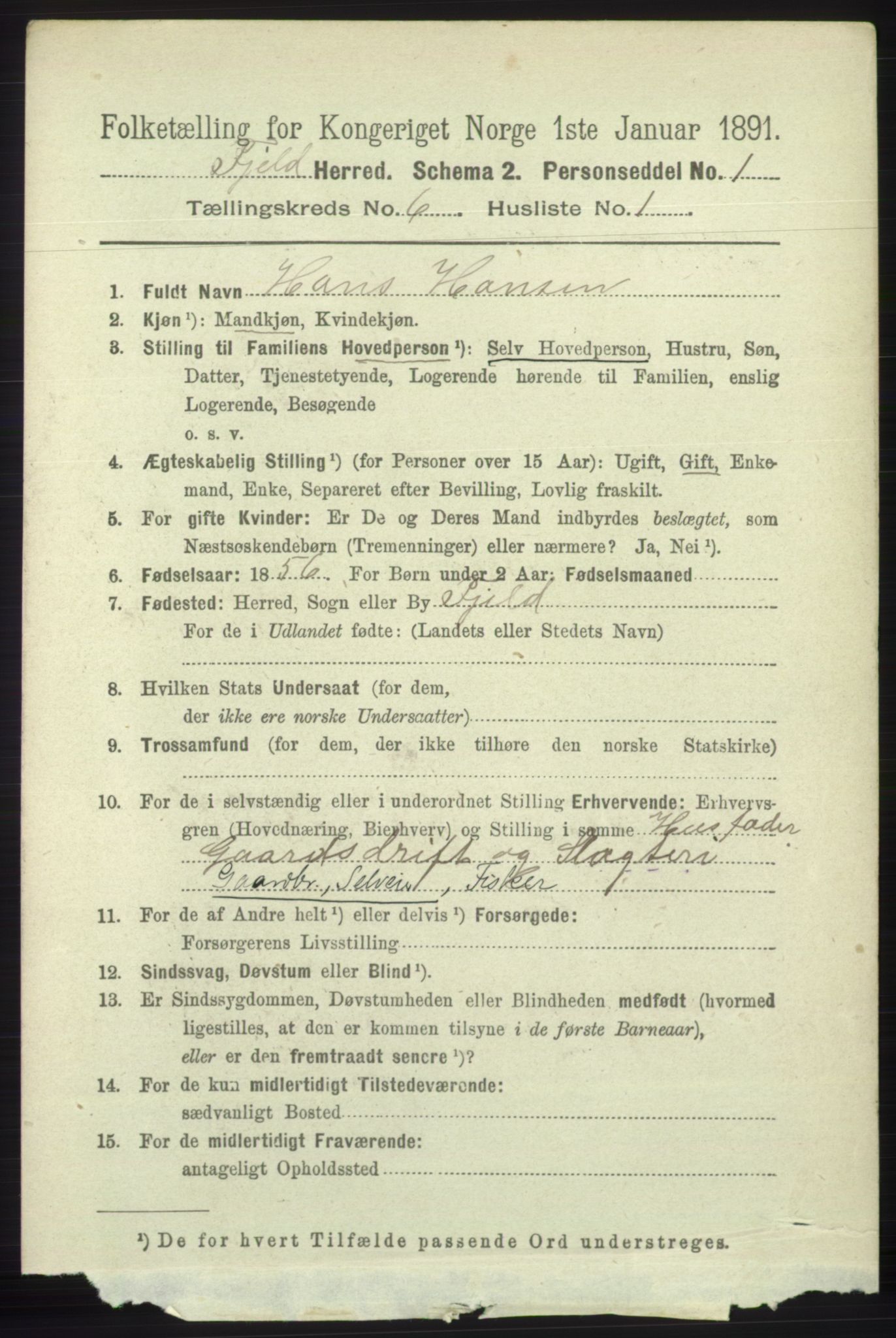 RA, 1891 census for 1246 Fjell, 1891, p. 2998