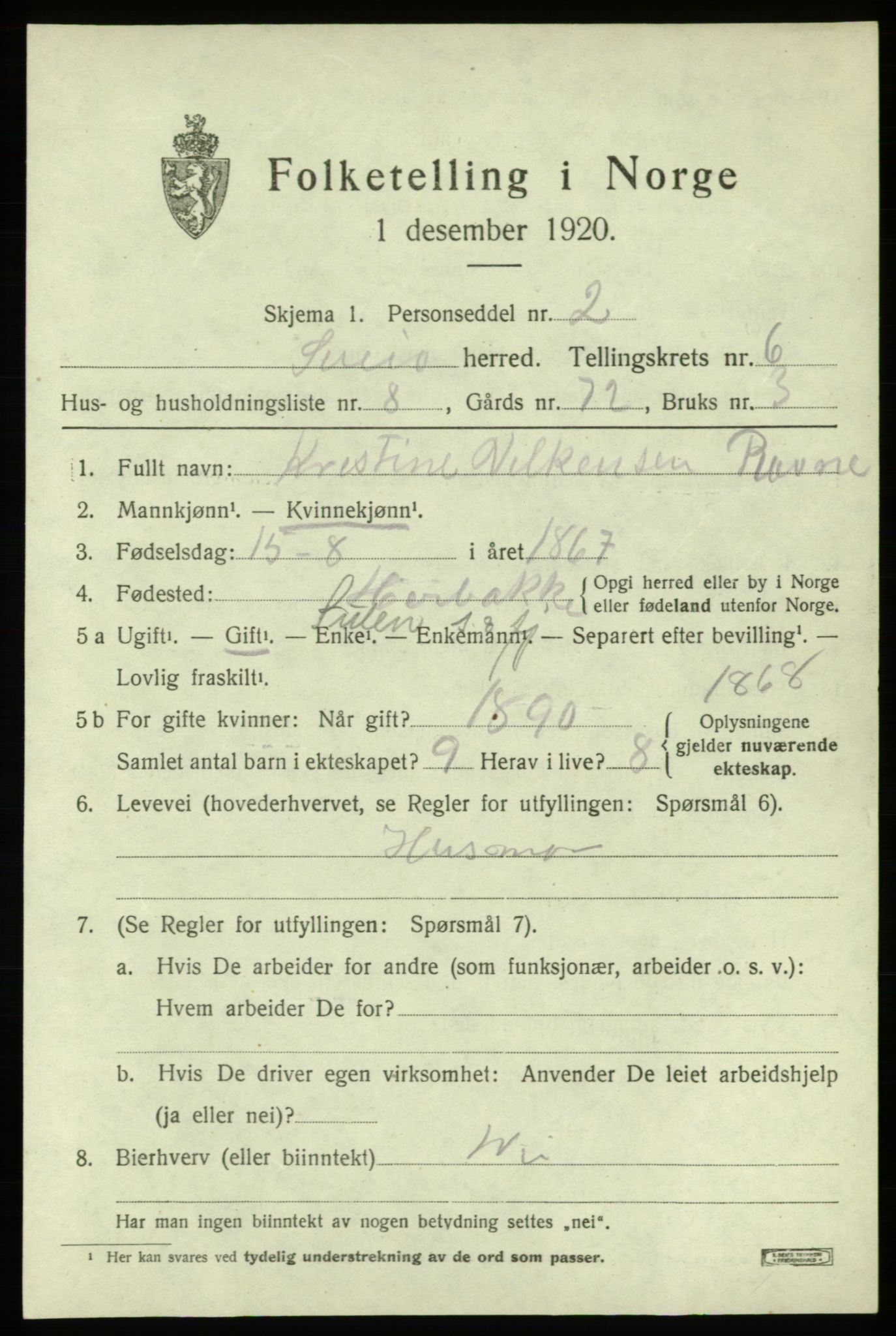 SAB, 1920 census for Sveio, 1920, p. 2962