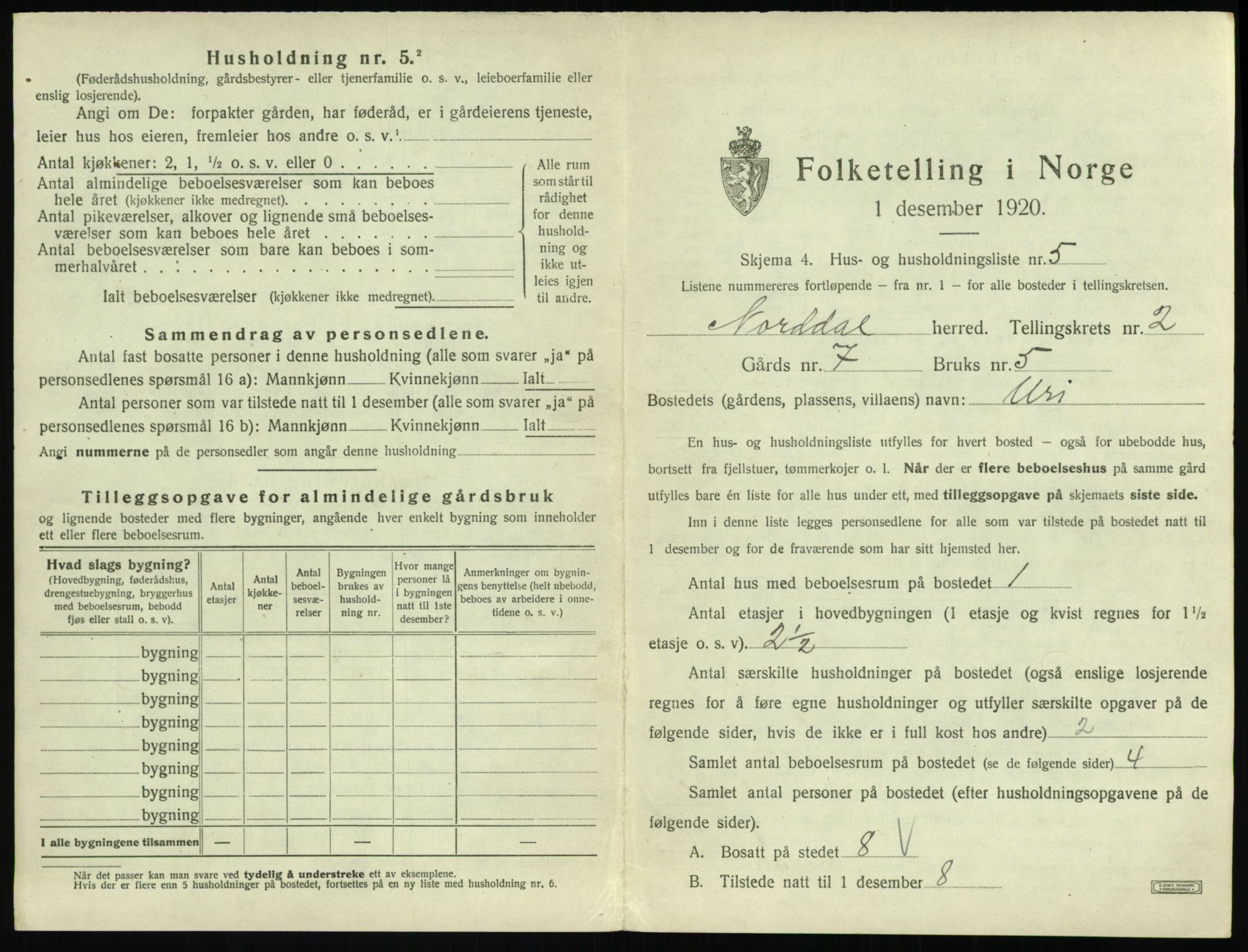 SAT, 1920 census for Norddal, 1920, p. 157