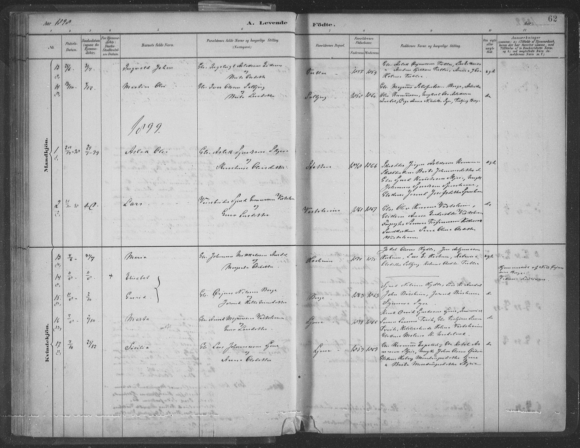 Ulvik sokneprestembete, AV/SAB-A-78801/H/Hab: Parish register (copy) no. A 3, 1883-1908, p. 62