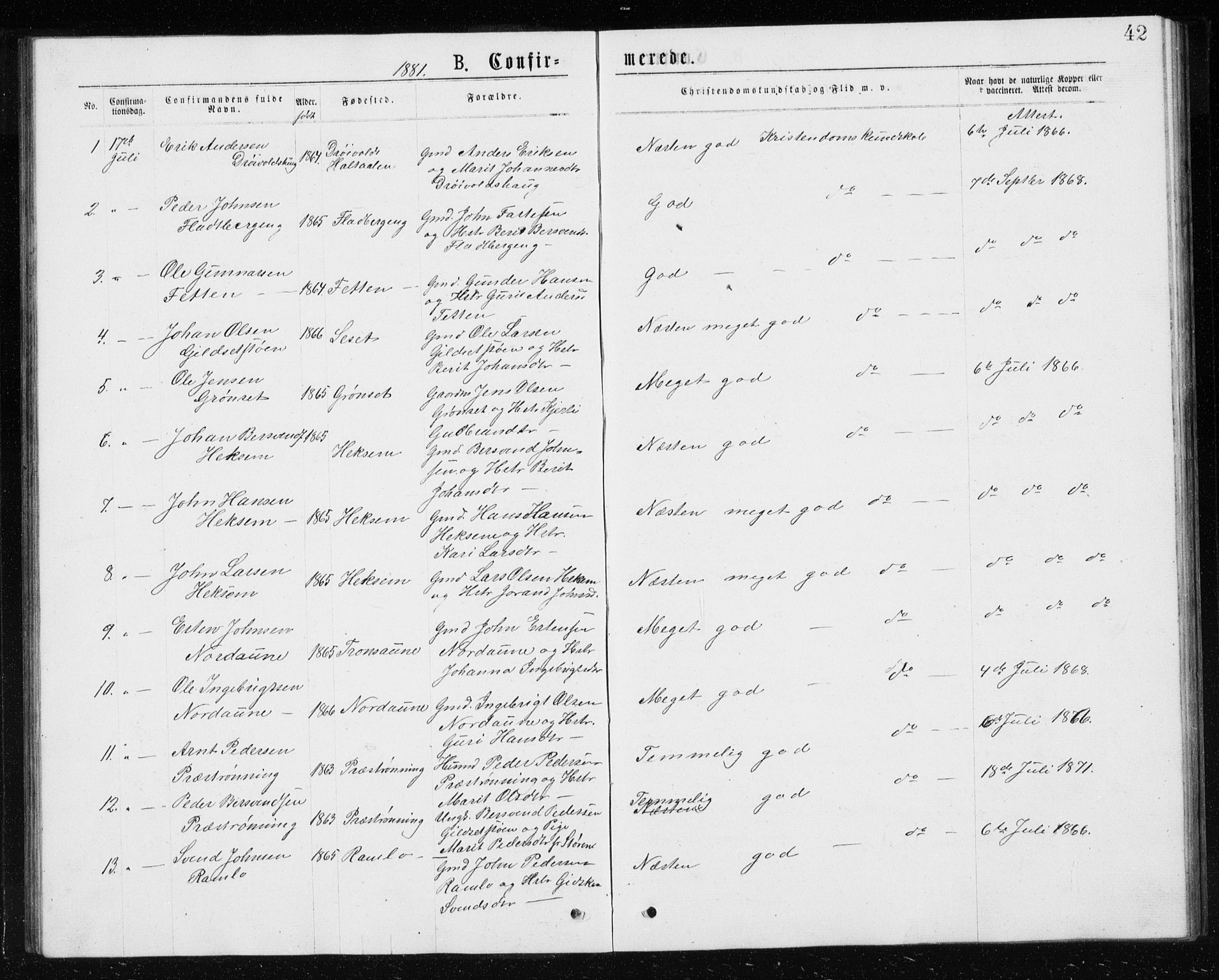 Ministerialprotokoller, klokkerbøker og fødselsregistre - Sør-Trøndelag, SAT/A-1456/685/L0977: Parish register (copy) no. 685C02, 1879-1890, p. 42