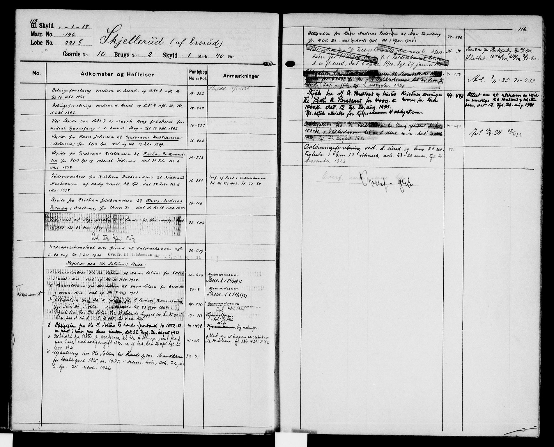 Hadeland og Land tingrett, AV/SAH-TING-010/H/Ha/Hac/L0013: Mortgage register no. 3.13, 1906-1951, p. 115-116