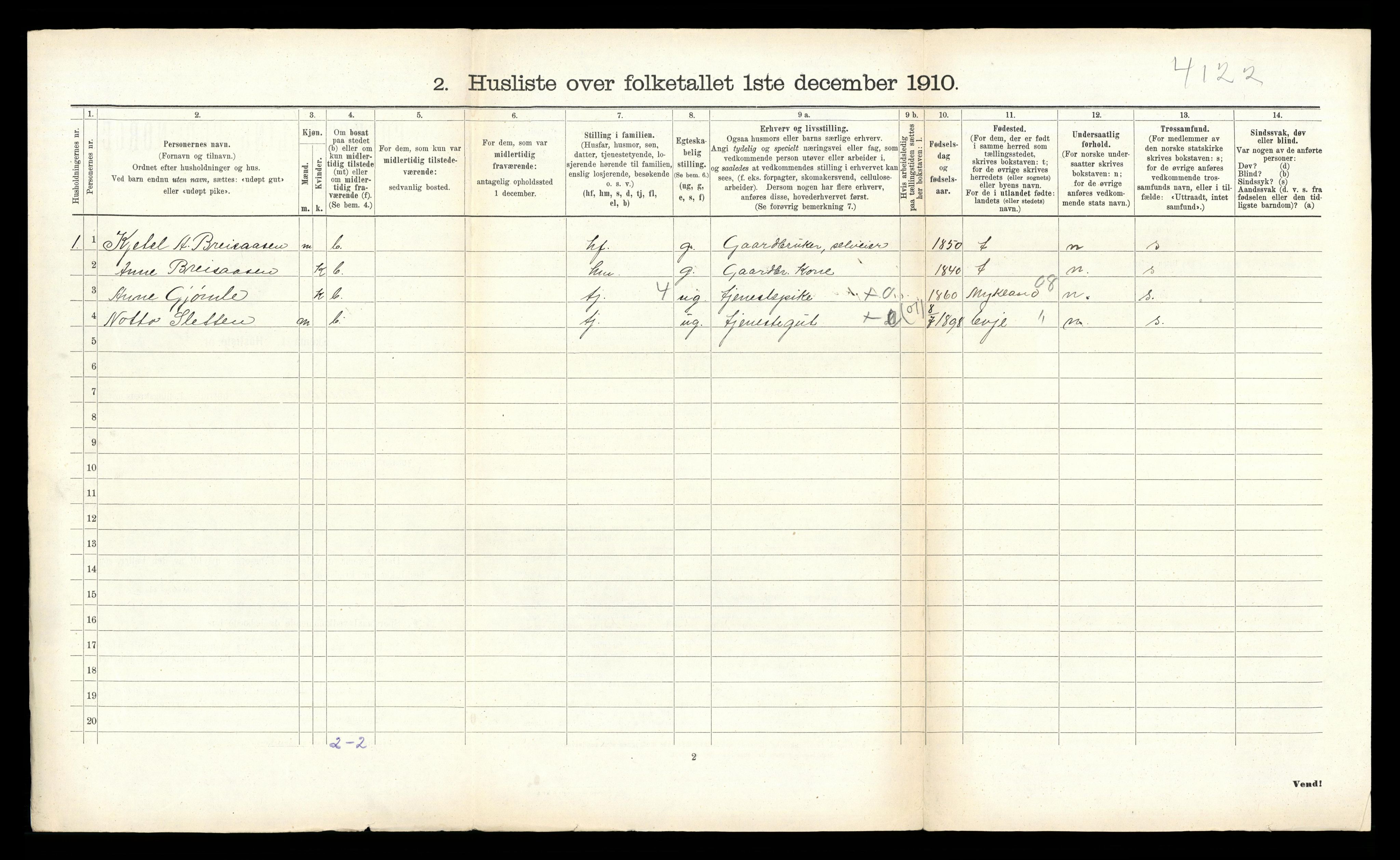 RA, 1910 census for Vegusdal, 1910, p. 92