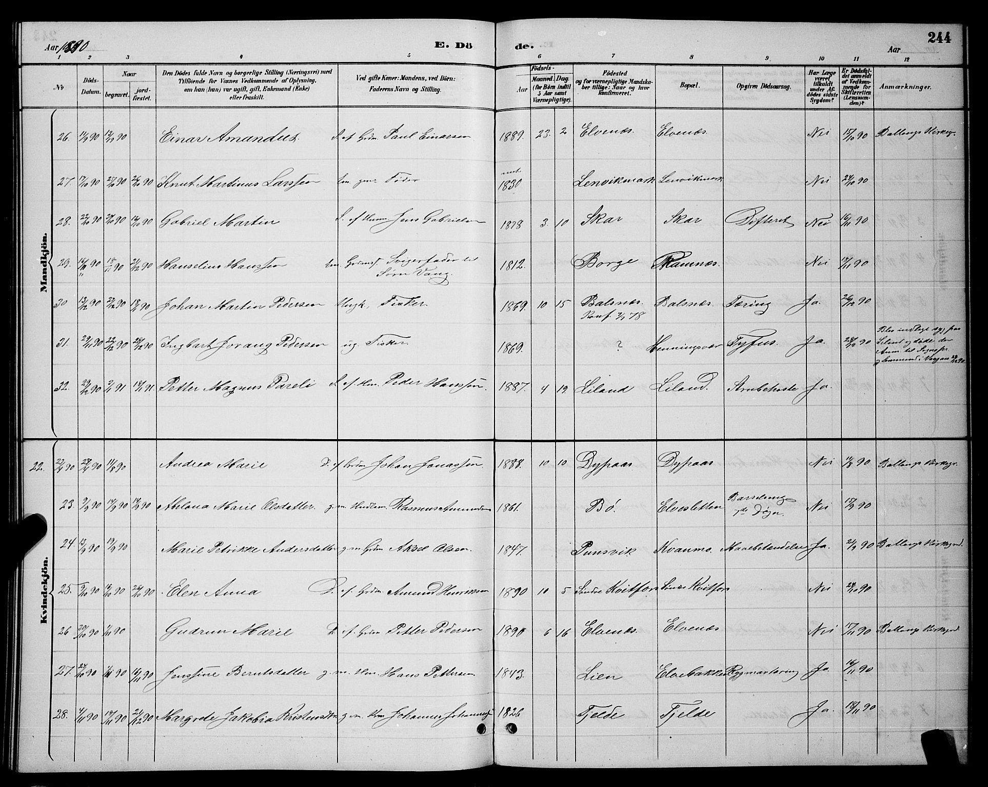 Ministerialprotokoller, klokkerbøker og fødselsregistre - Nordland, SAT/A-1459/863/L0914: Parish register (copy) no. 863C04, 1886-1897, p. 244