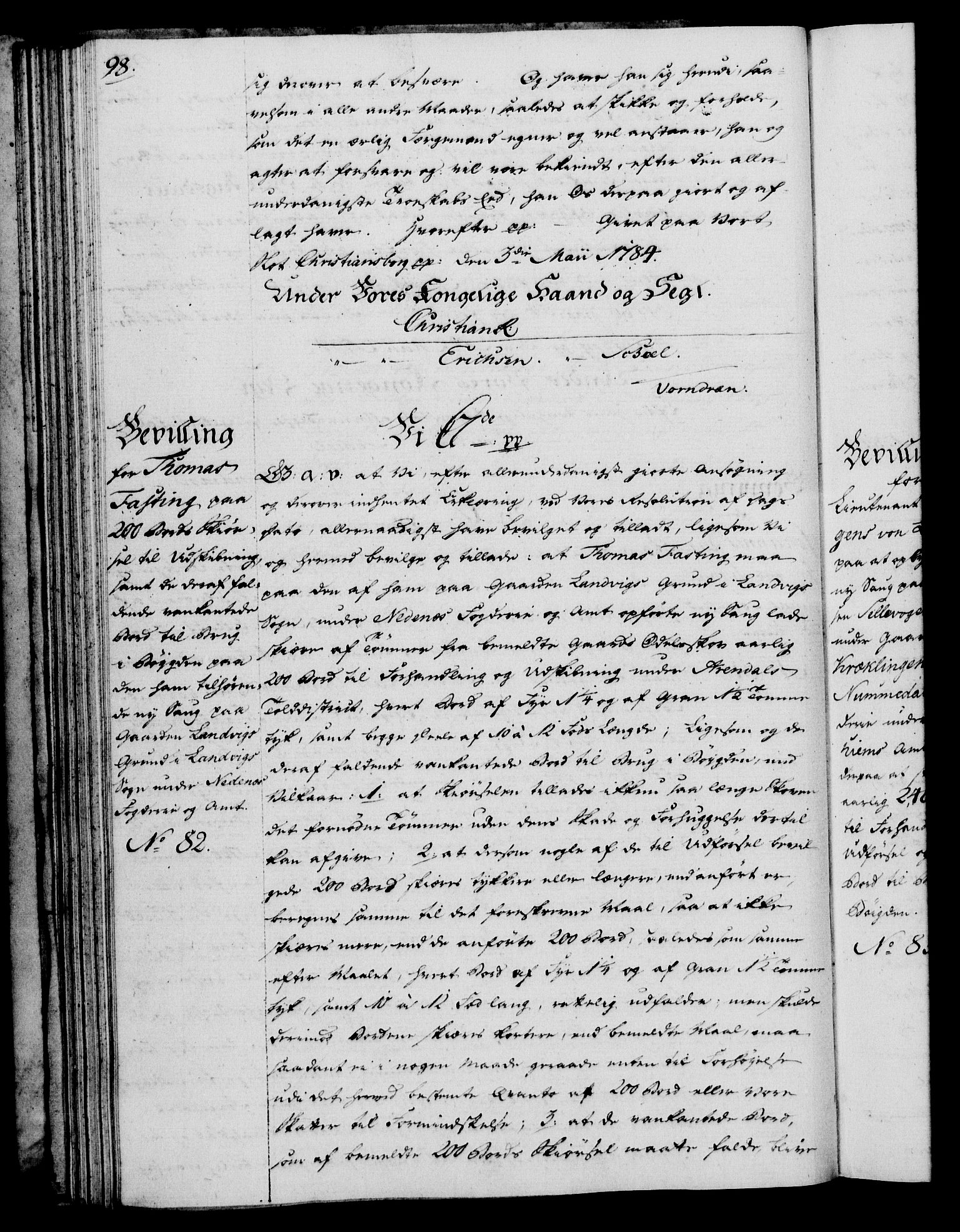 Rentekammeret, Kammerkanselliet, RA/EA-3111/G/Gg/Gga/L0013: Norsk ekspedisjonsprotokoll med register (merket RK 53.13), 1784-1787, p. 98