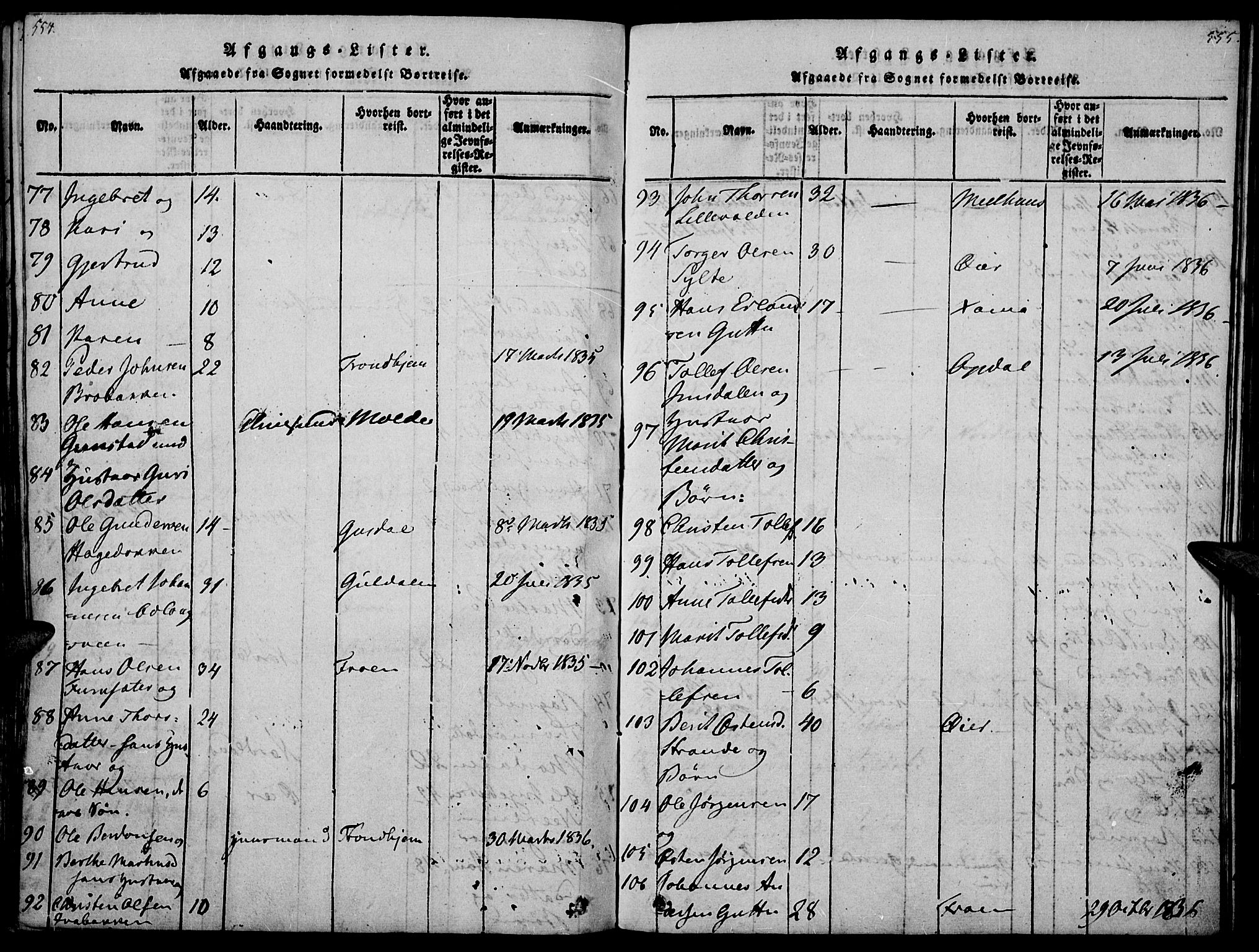 Ringebu prestekontor, AV/SAH-PREST-082/H/Ha/Haa/L0004: Parish register (official) no. 4, 1821-1839, p. 554-555