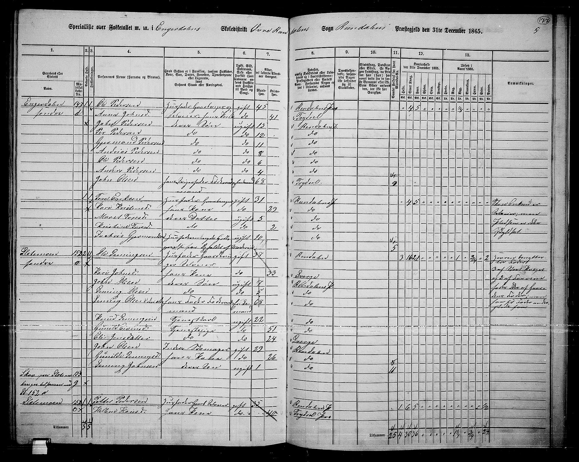 RA, 1865 census for Rendalen, 1865, p. 149