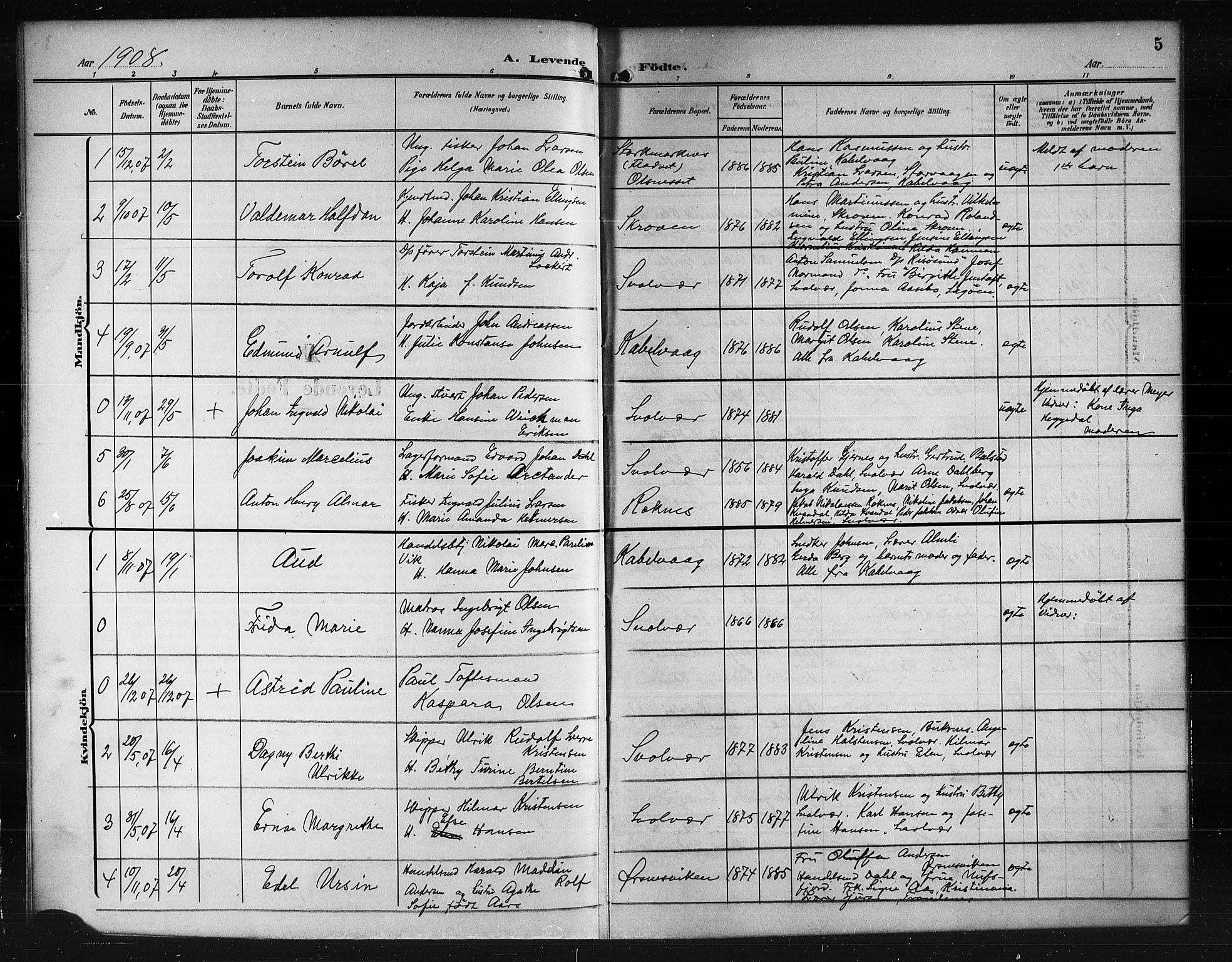 Ministerialprotokoller, klokkerbøker og fødselsregistre - Nordland, SAT/A-1459/874/L1079: Parish register (copy) no. 874C08, 1907-1915, p. 5