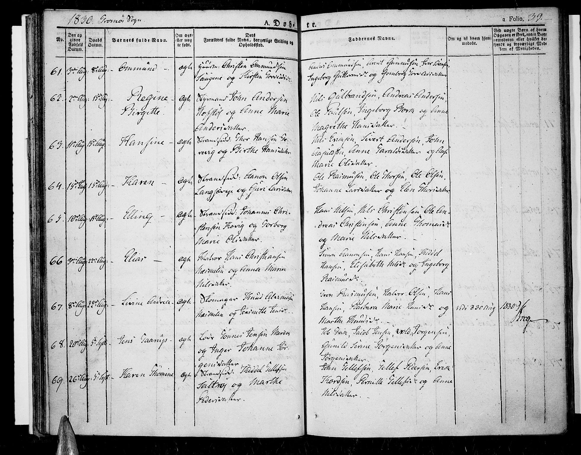 Tromøy sokneprestkontor, SAK/1111-0041/F/Fa/L0003: Parish register (official) no. A 3, 1825-1837, p. 39