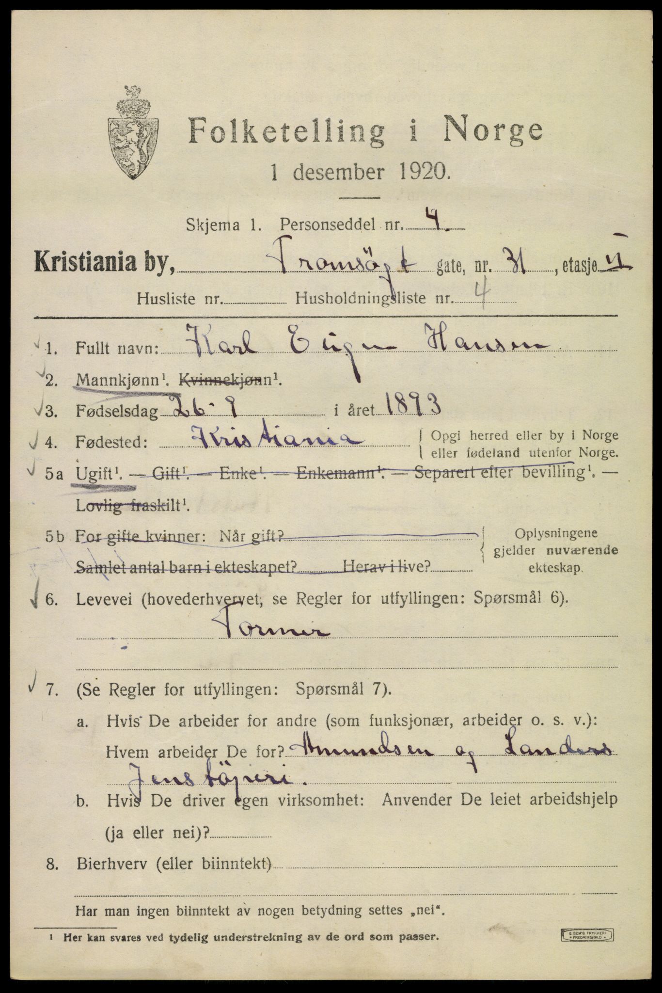 SAO, 1920 census for Kristiania, 1920, p. 598315