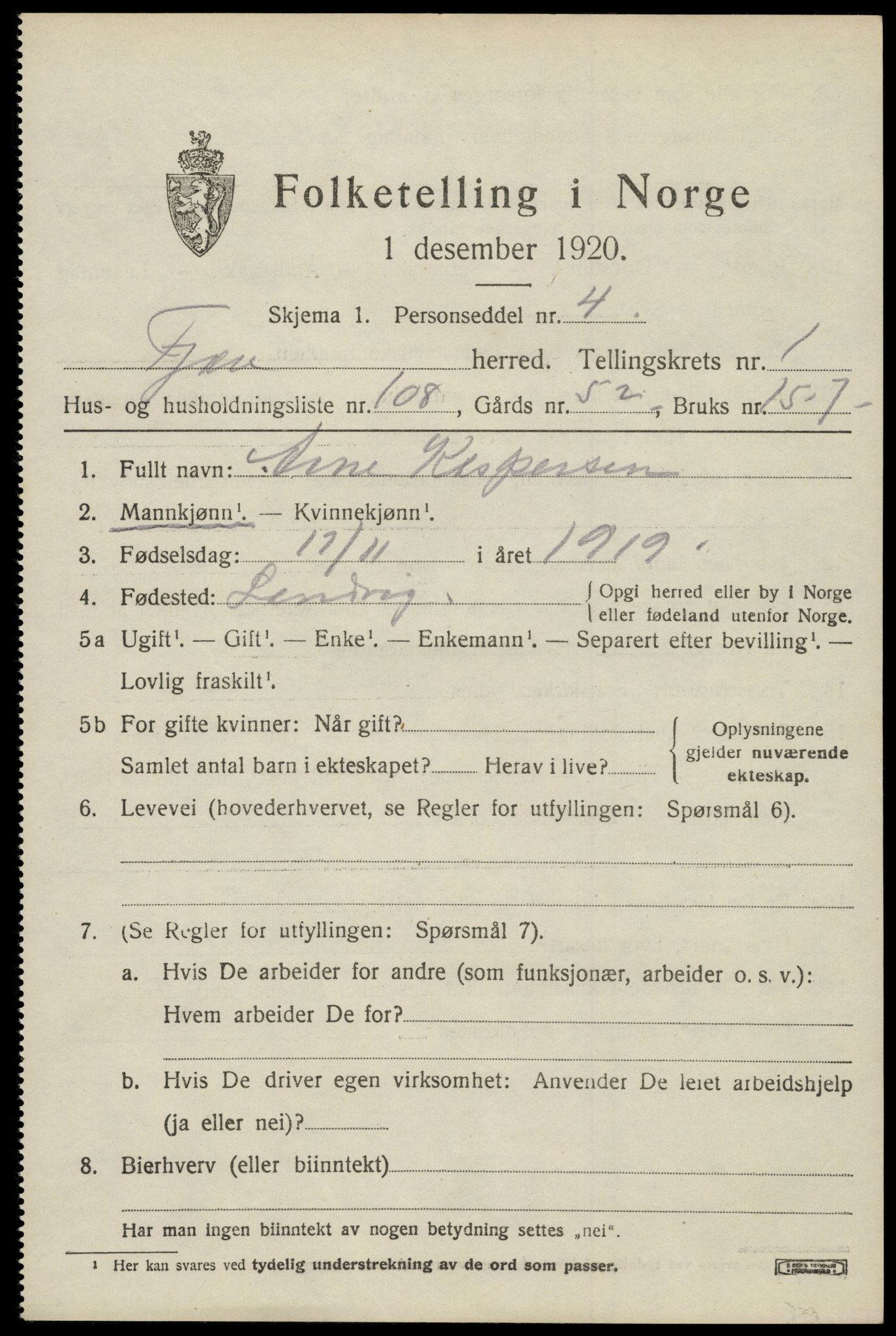 SAK, 1920 census for Fjære, 1920, p. 3253