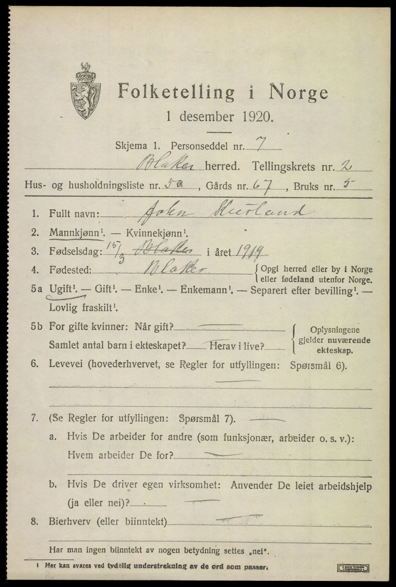 SAO, 1920 census for Blaker, 1920, p. 2015