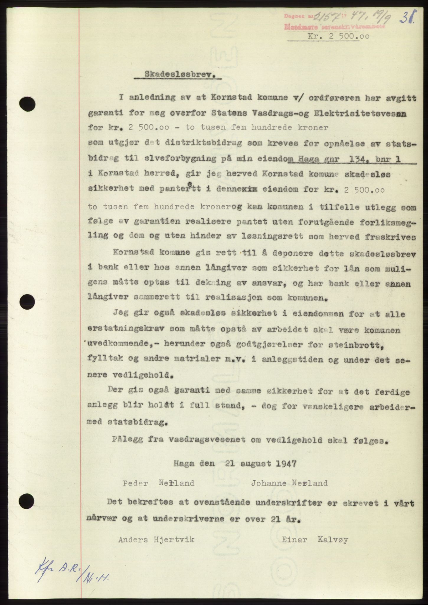 Nordmøre sorenskriveri, AV/SAT-A-4132/1/2/2Ca: Mortgage book no. B97, 1947-1948, Diary no: : 2157/1947