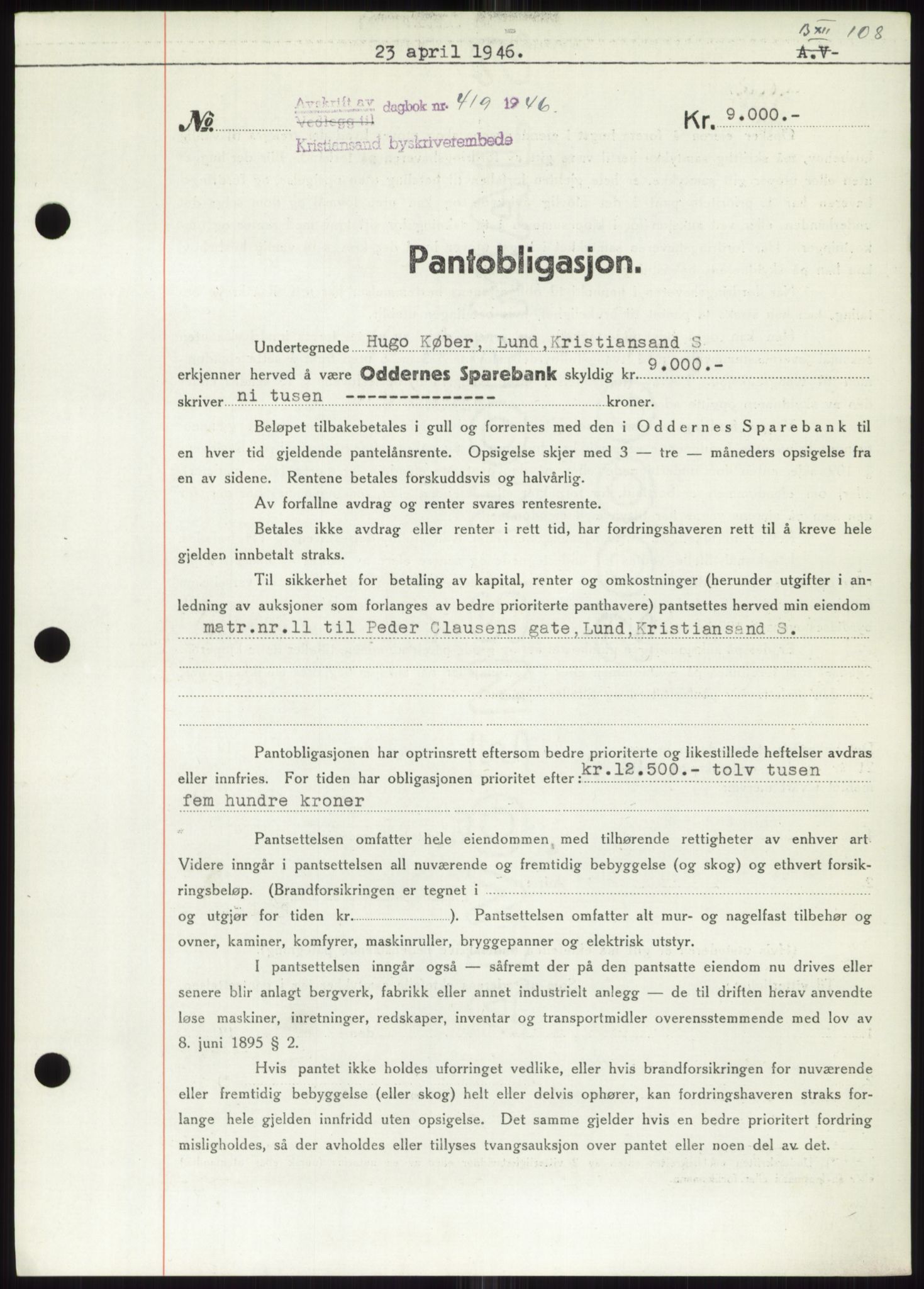 Kristiansand byrett, AV/SAK-1223-0001/G/Gb/Gbb/L0009: Mortgage book no. B 12, 1946-1947, Diary no: : 419/1946