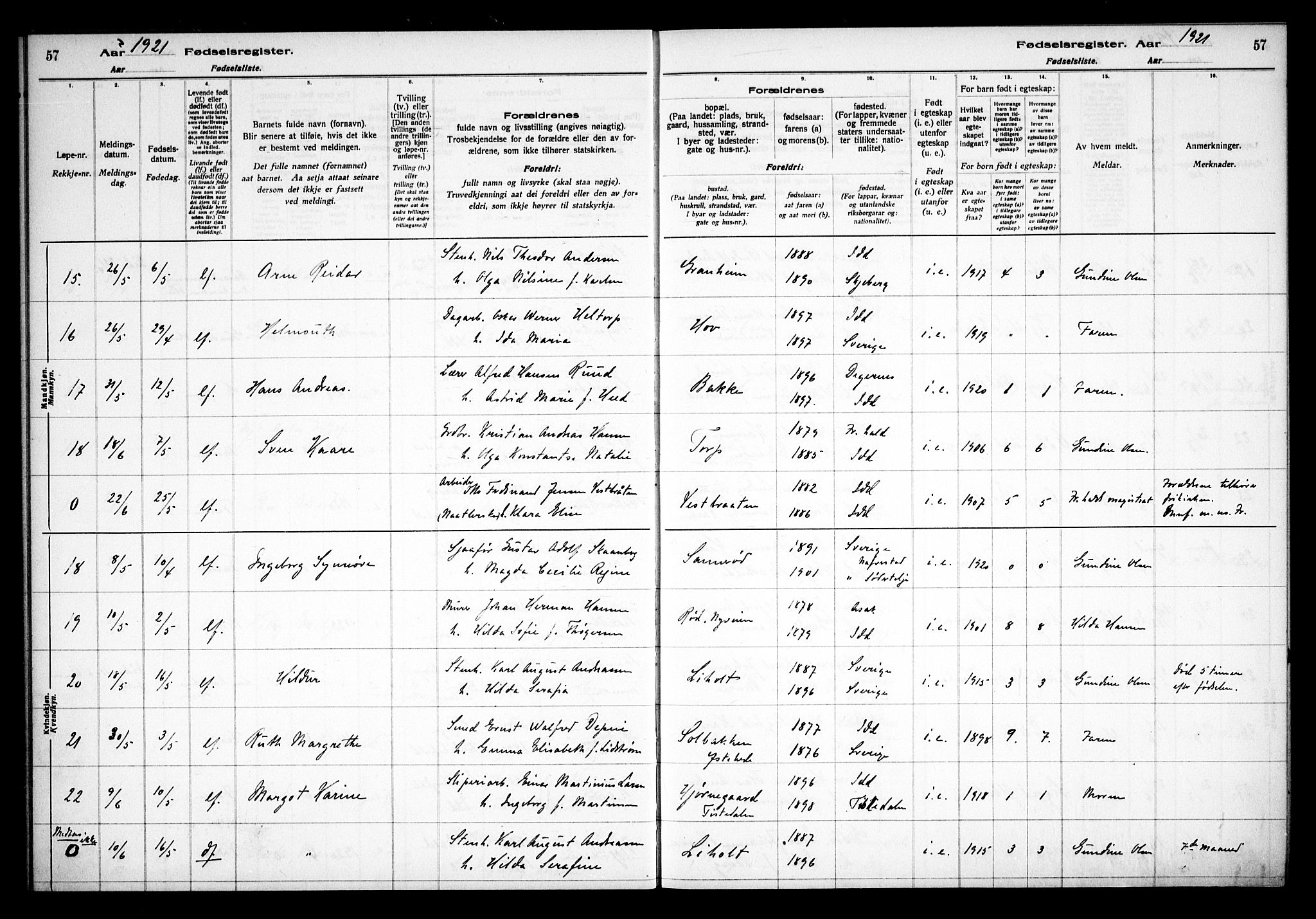 Idd prestekontor Kirkebøker, AV/SAO-A-10911/J/Ja/L0001: Birth register no. I 1, 1916-1937, p. 57