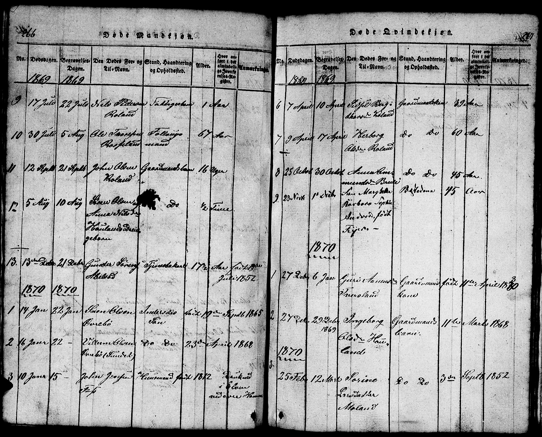 Bjelland sokneprestkontor, SAK/1111-0005/F/Fb/Fba/L0003: Parish register (copy) no. B 3, 1816-1870, p. 266-267