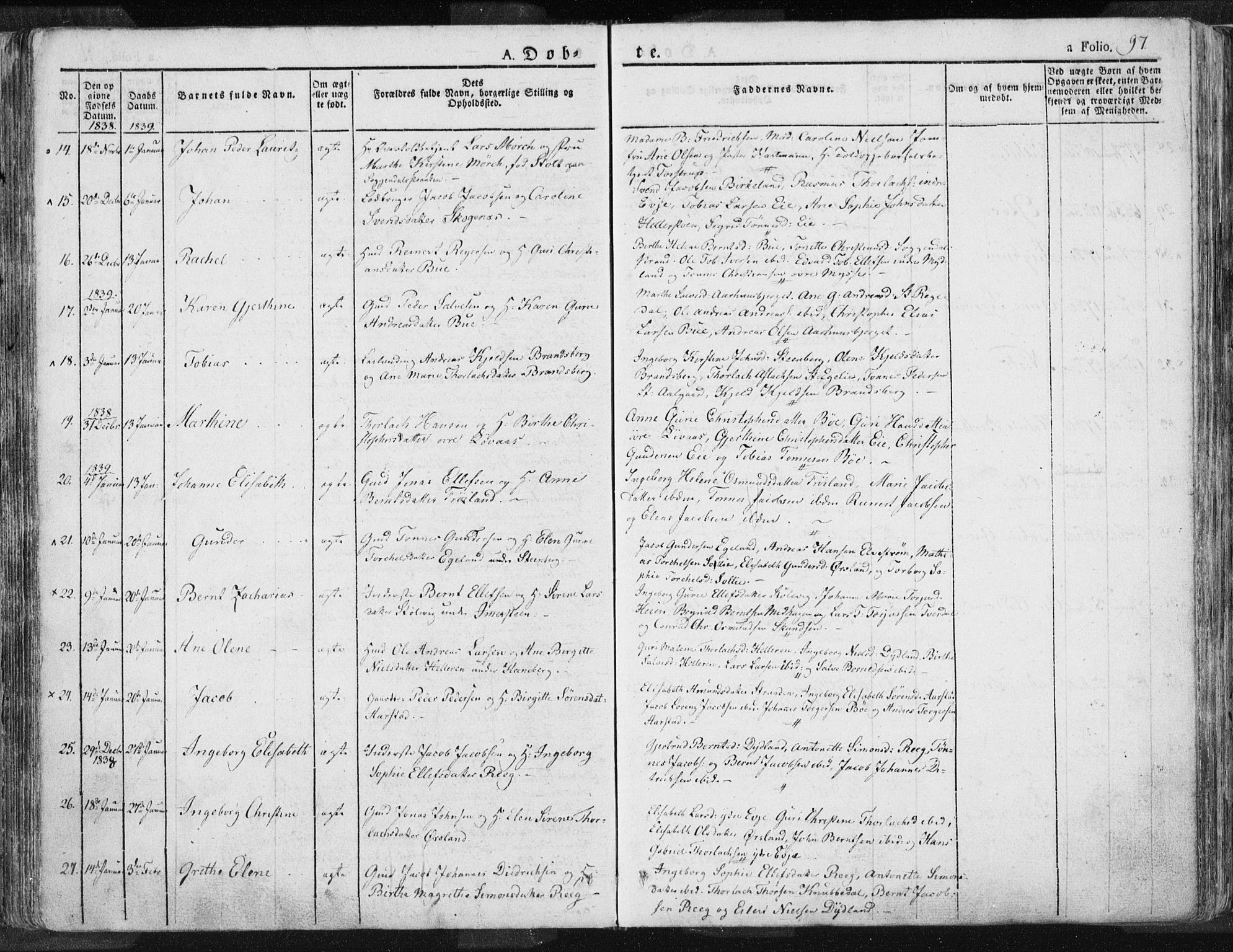 Sokndal sokneprestkontor, AV/SAST-A-101808: Parish register (official) no. A 7.1, 1826-1842, p. 97