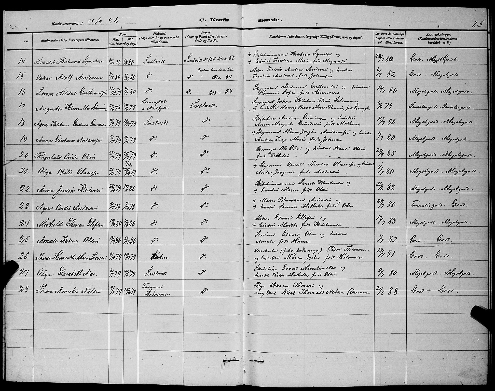 Strømm kirkebøker, AV/SAKO-A-322/G/Gb/L0001: Parish register (copy) no. II 1, 1889-1896, p. 85