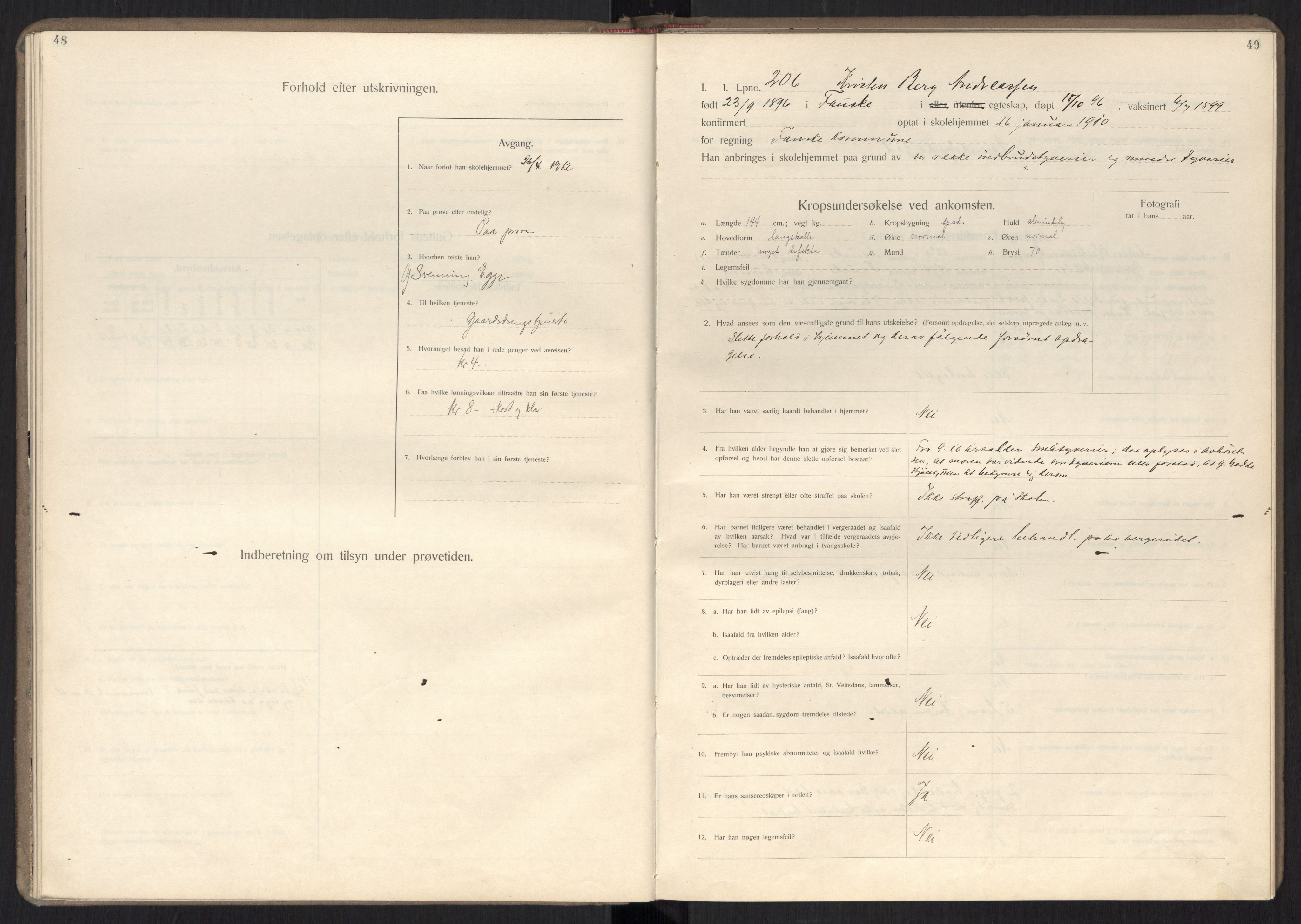 Falstad skolehjem, RA/S-1676/E/Ea/L0007: Elevprotokoll nr. 3 løpenr. 194-268, 1909-1913, p. 48-49