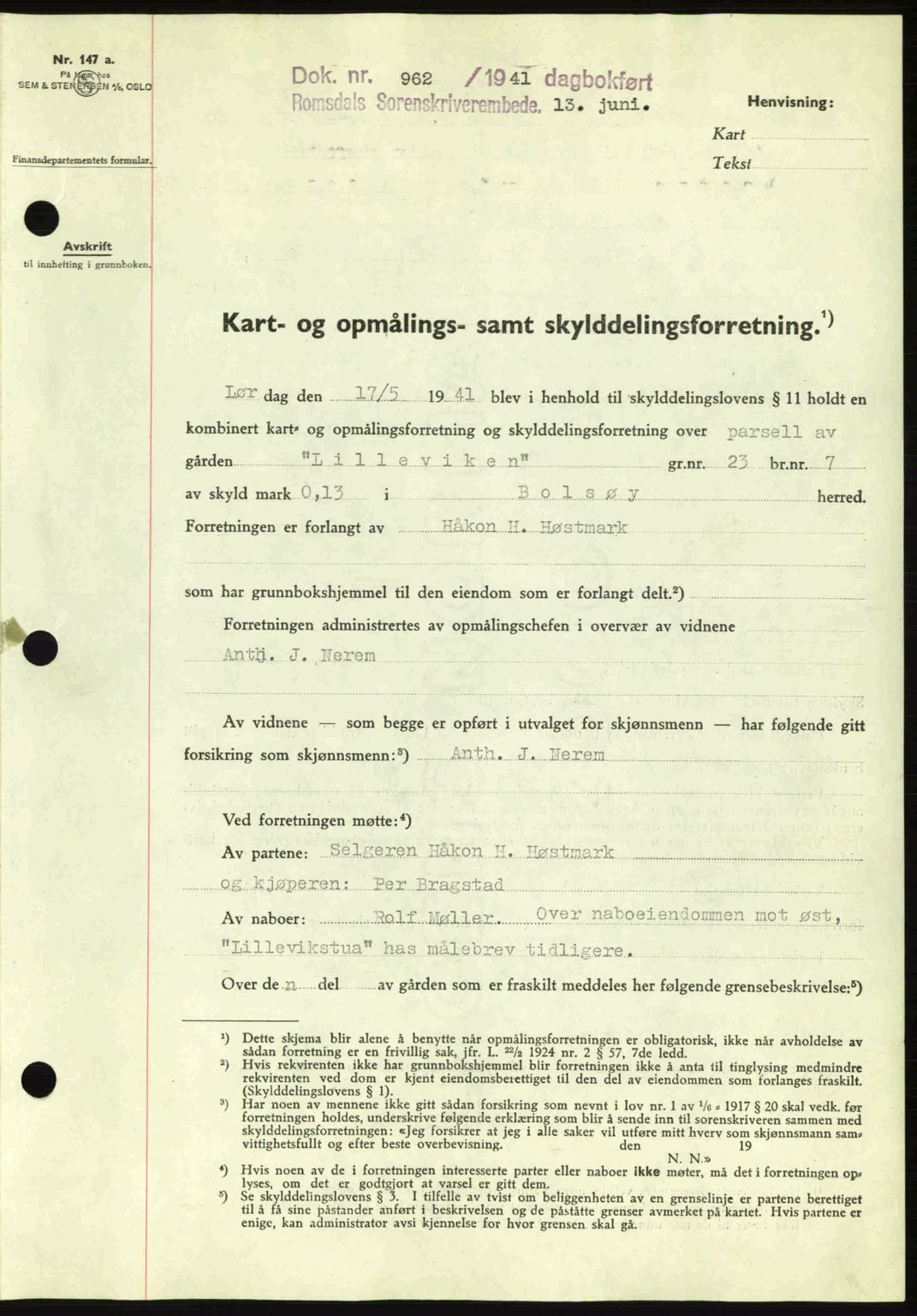 Romsdal sorenskriveri, AV/SAT-A-4149/1/2/2C: Mortgage book no. A10, 1941-1941, Diary no: : 962/1941