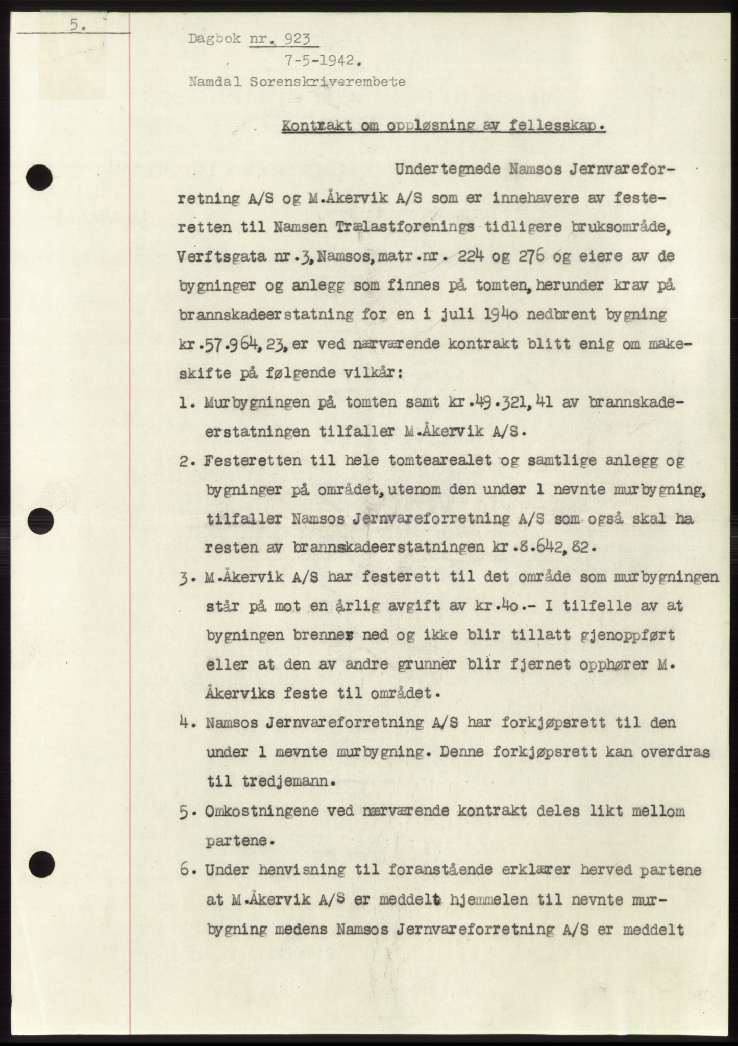 Namdal sorenskriveri, SAT/A-4133/1/2/2C: Mortgage book no. -, 1941-1942, Diary no: : 923/1942