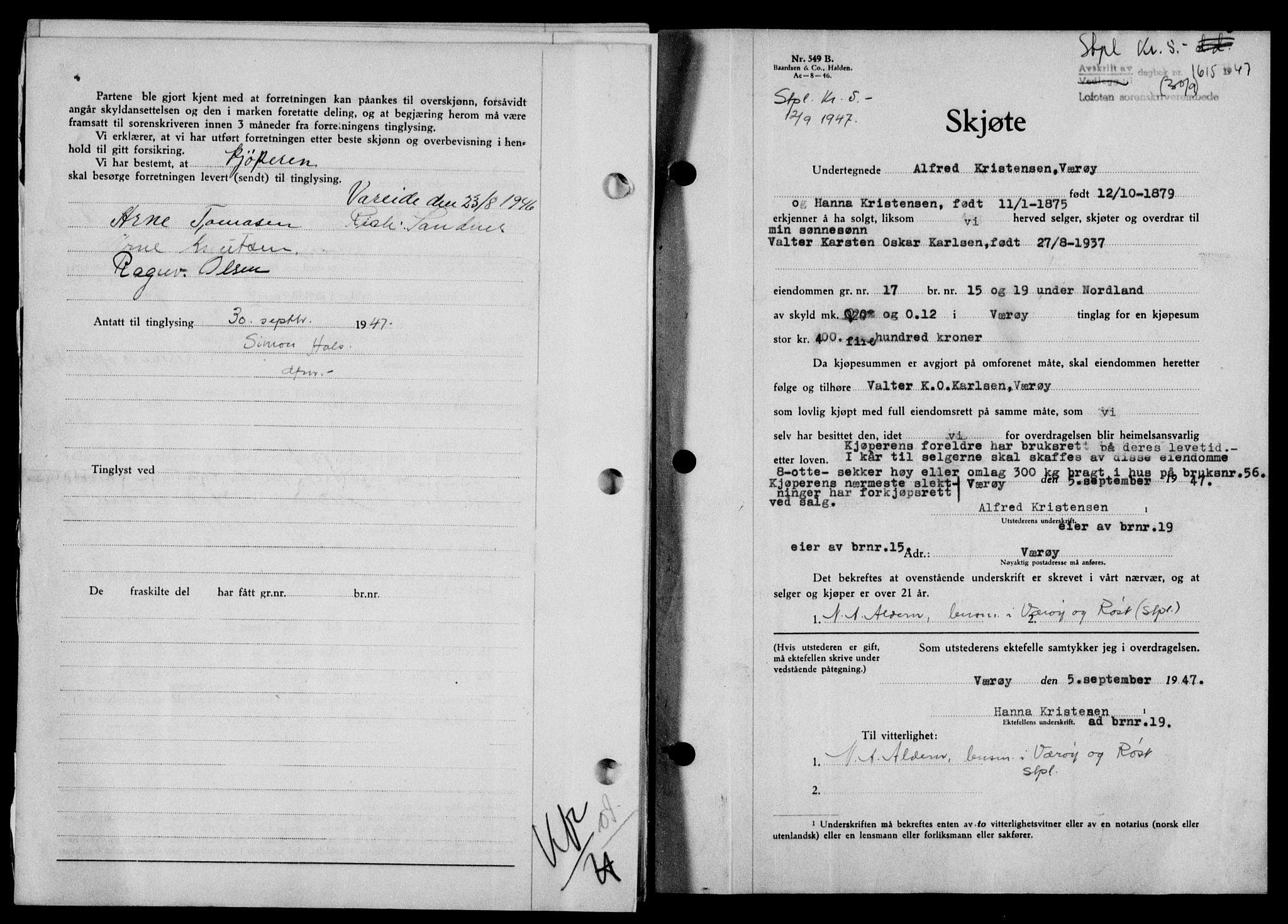 Lofoten sorenskriveri, SAT/A-0017/1/2/2C/L0016a: Mortgage book no. 16a, 1947-1947, Diary no: : 1615/1947