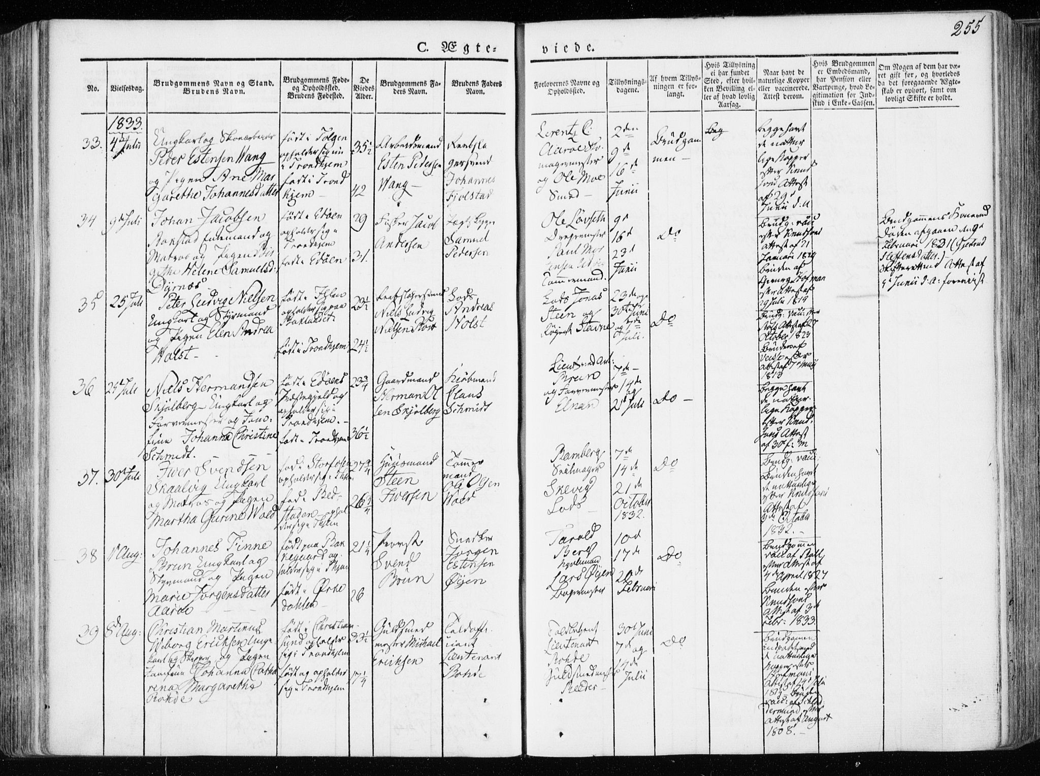 Ministerialprotokoller, klokkerbøker og fødselsregistre - Sør-Trøndelag, SAT/A-1456/601/L0047: Parish register (official) no. 601A15, 1831-1839, p. 255