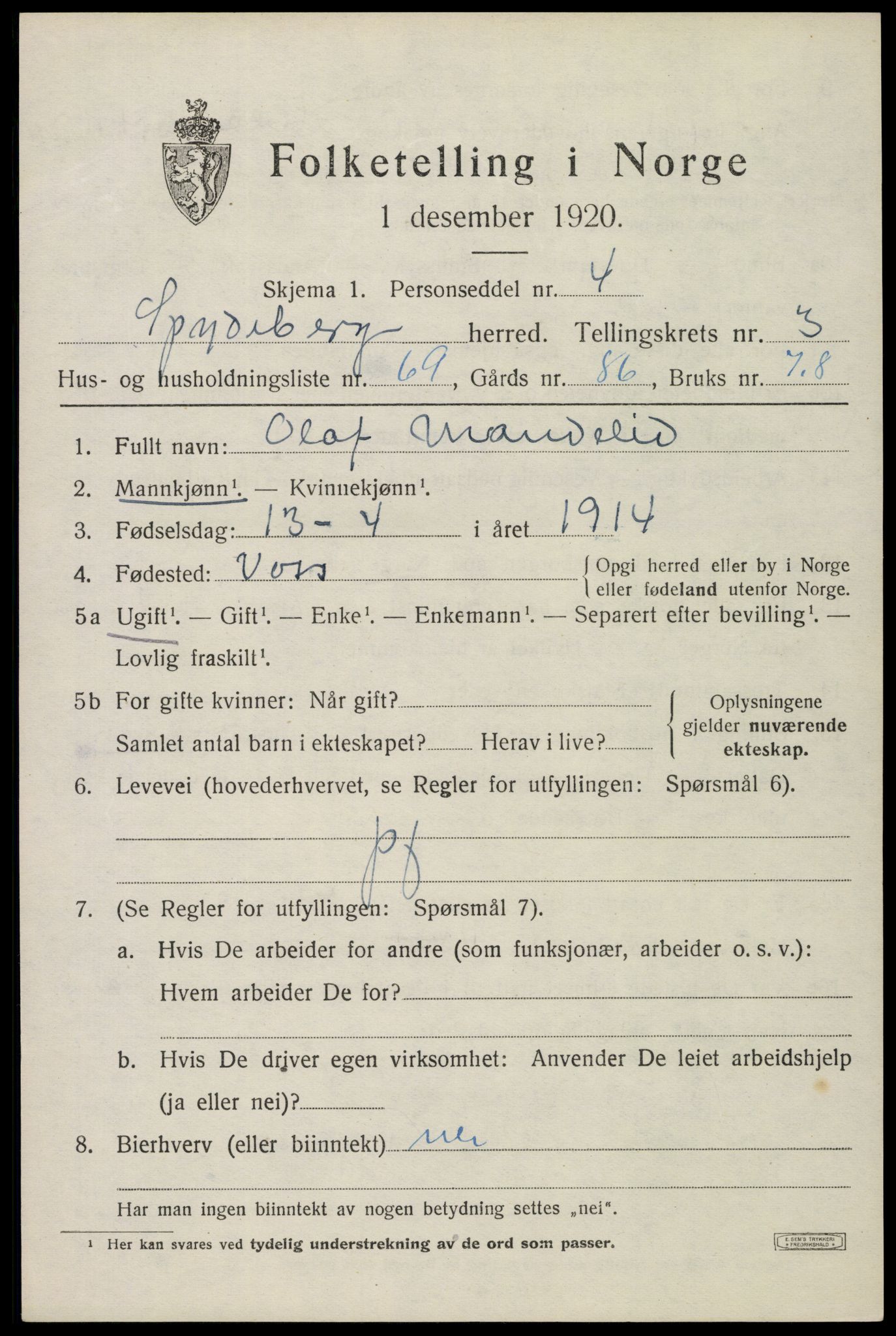 SAO, 1920 census for Spydeberg, 1920, p. 5133