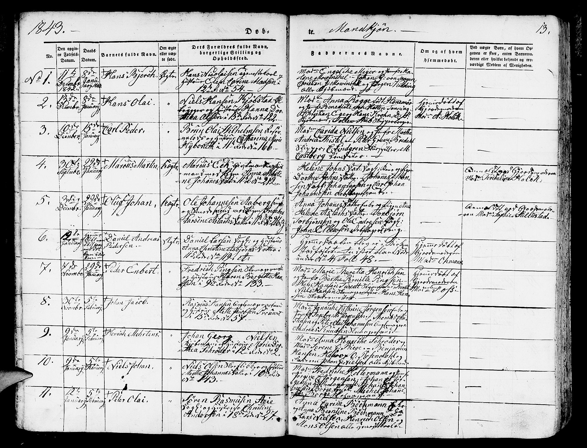 Domkirken sokneprestembete, SAB/A-74801/H/Hab/L0009: Parish register (copy) no. B 2, 1842-1849, p. 13