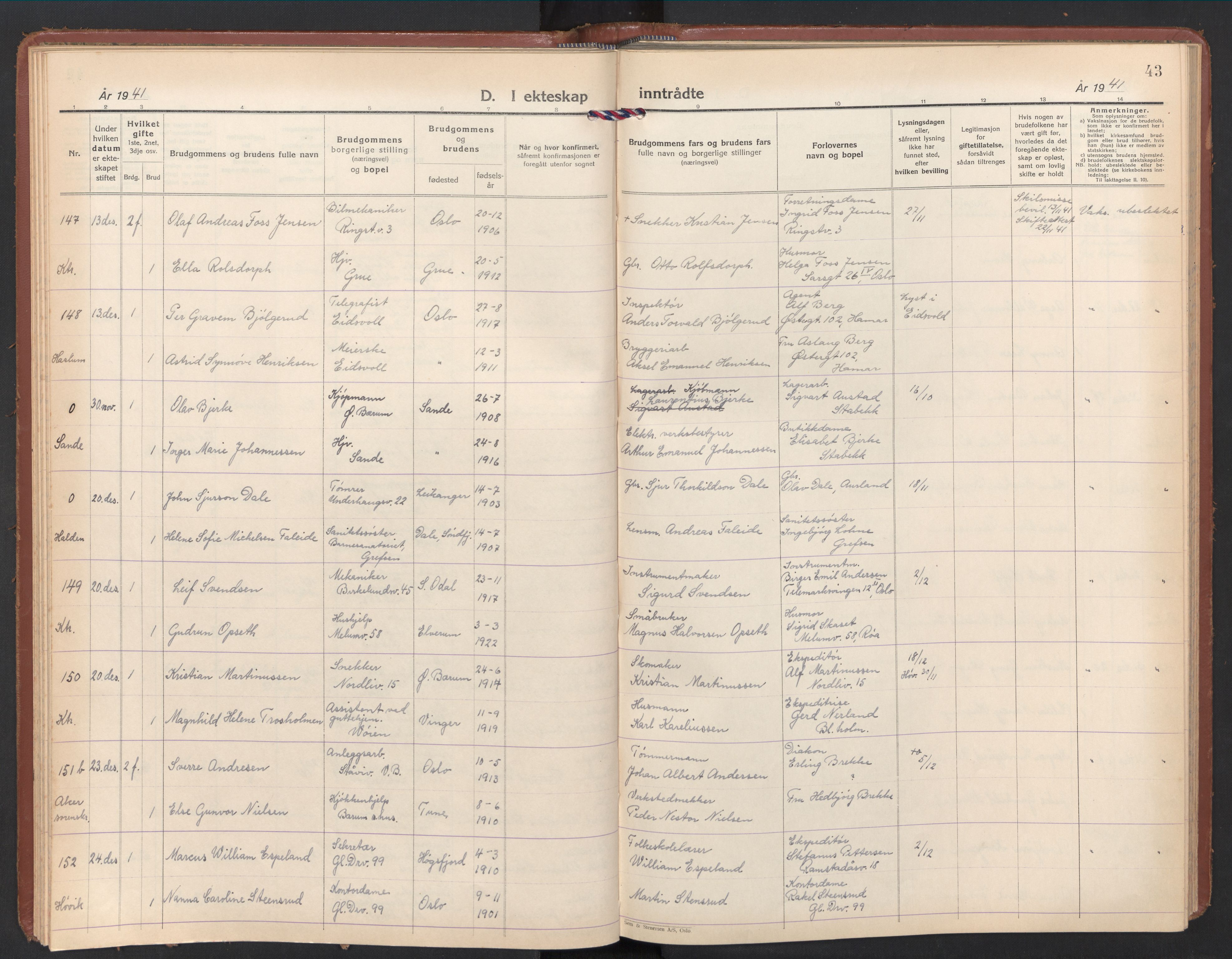 Østre Bærum prestekontor Kirkebøker, AV/SAO-A-10887/F/Fa/L0008: Parish register (official) no. 8, 1940-1948, p. 43