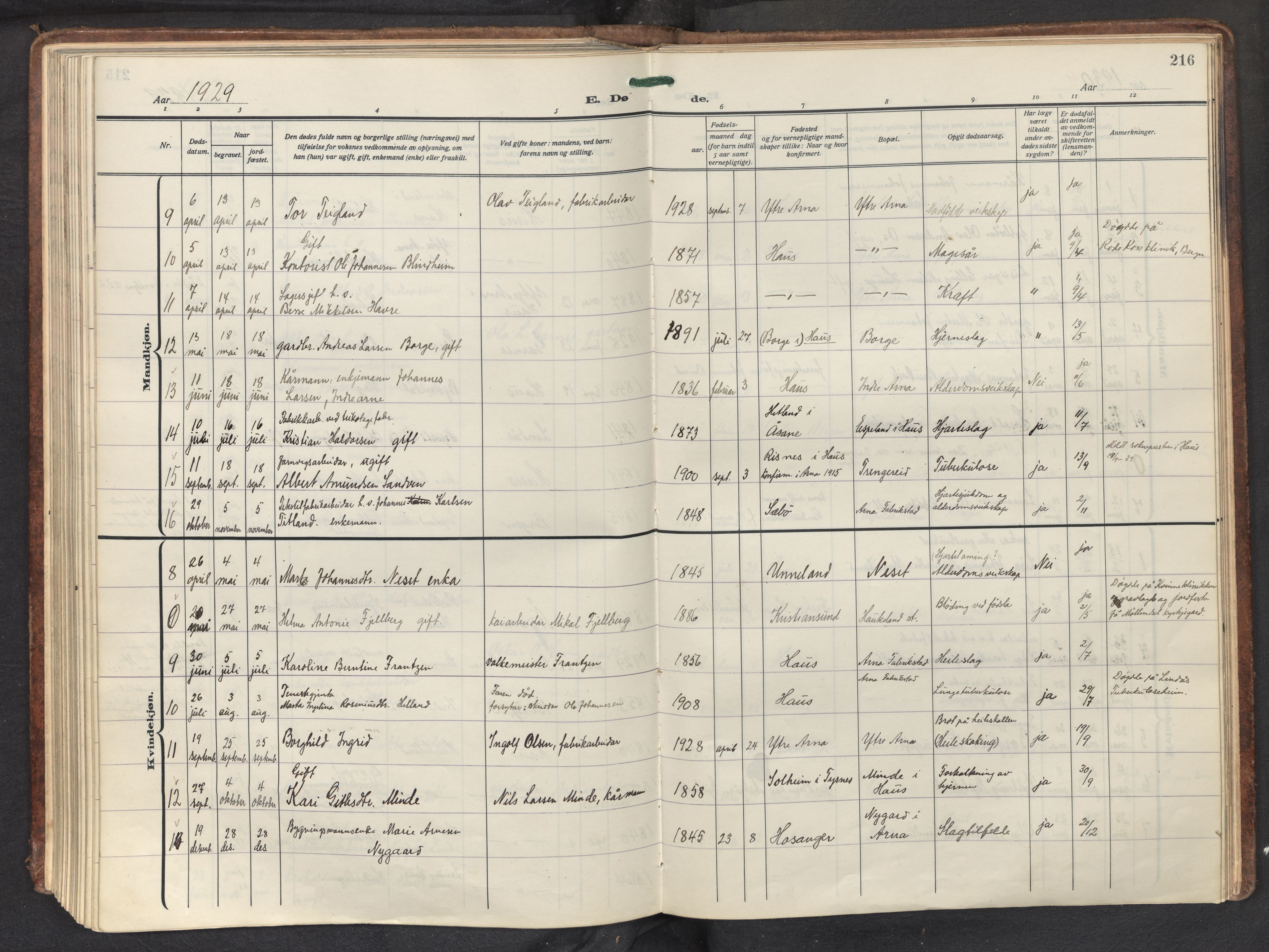 Haus sokneprestembete, AV/SAB-A-75601/H/Haa: Parish register (official) no. D 4, 1925-1939, p. 216