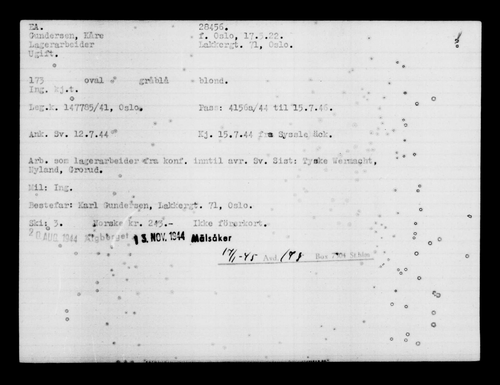 Den Kgl. Norske Legasjons Flyktningskontor, AV/RA-S-6753/V/Va/L0012: Kjesäterkartoteket.  Flyktningenr. 28300-31566, 1940-1945, p. 167