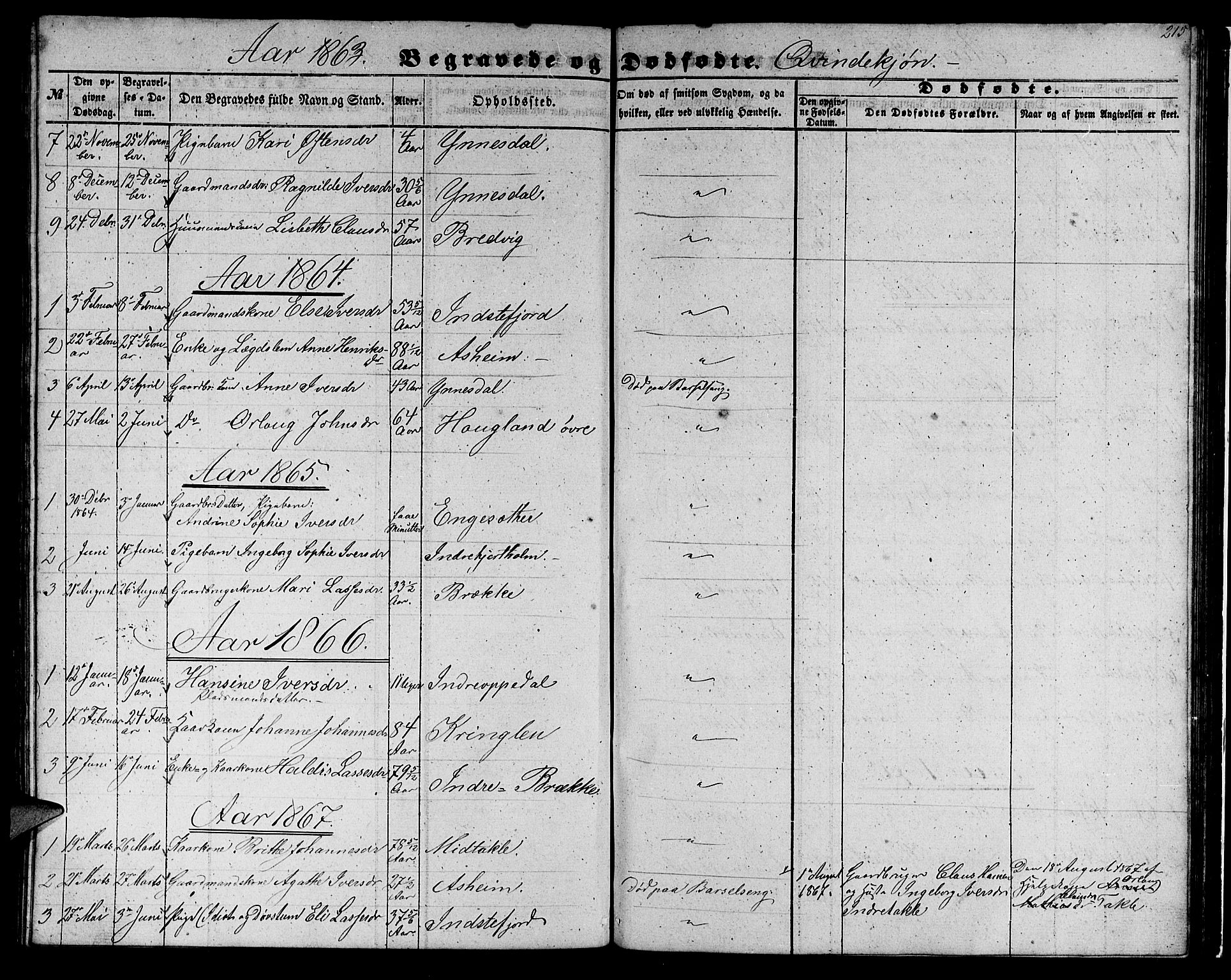 Gulen sokneprestembete, AV/SAB-A-80201/H/Hab/Habc/L0001: Parish register (copy) no. C 1, 1853-1880, p. 215