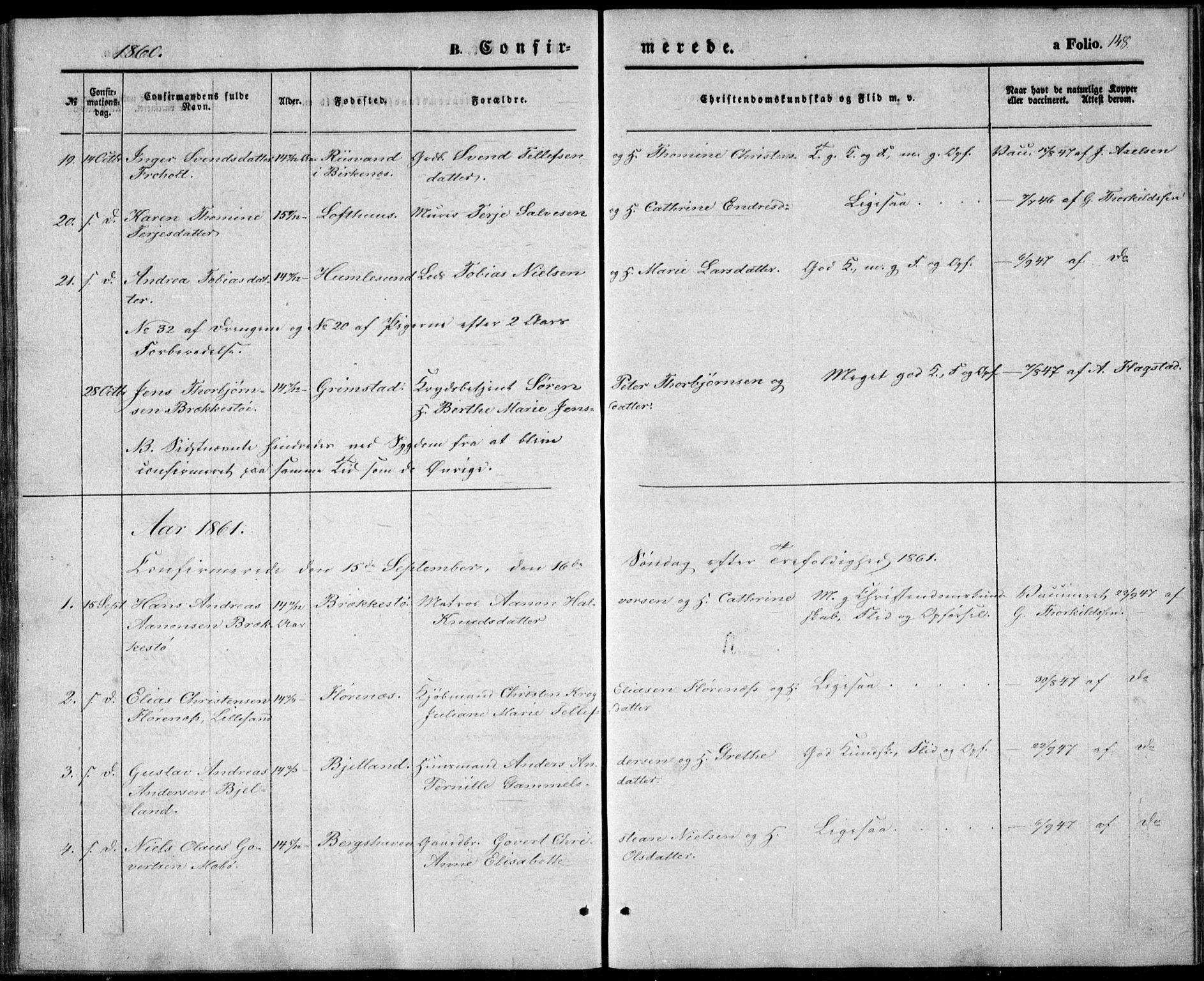 Vestre Moland sokneprestkontor, SAK/1111-0046/F/Fb/Fbb/L0003: Parish register (copy) no. B 3, 1851-1861, p. 148