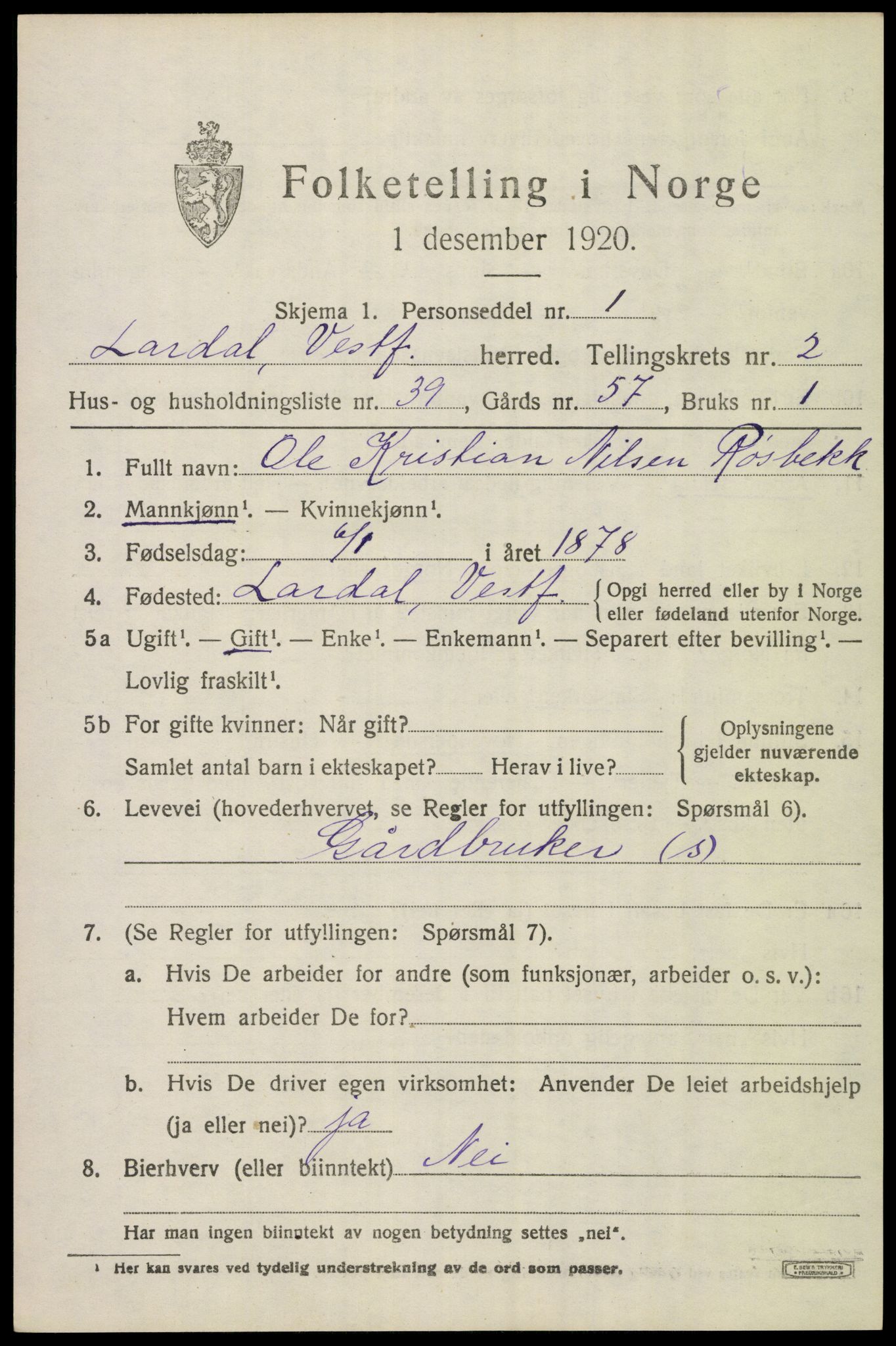 SAKO, 1920 census for Lardal, 1920, p. 2383
