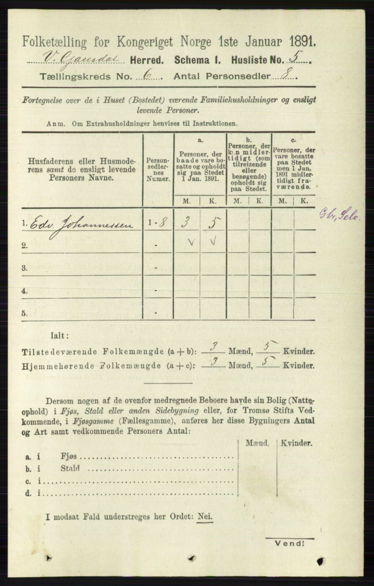 RA, 1891 census for 0523 Vestre Gausdal, 1891, p. 2483