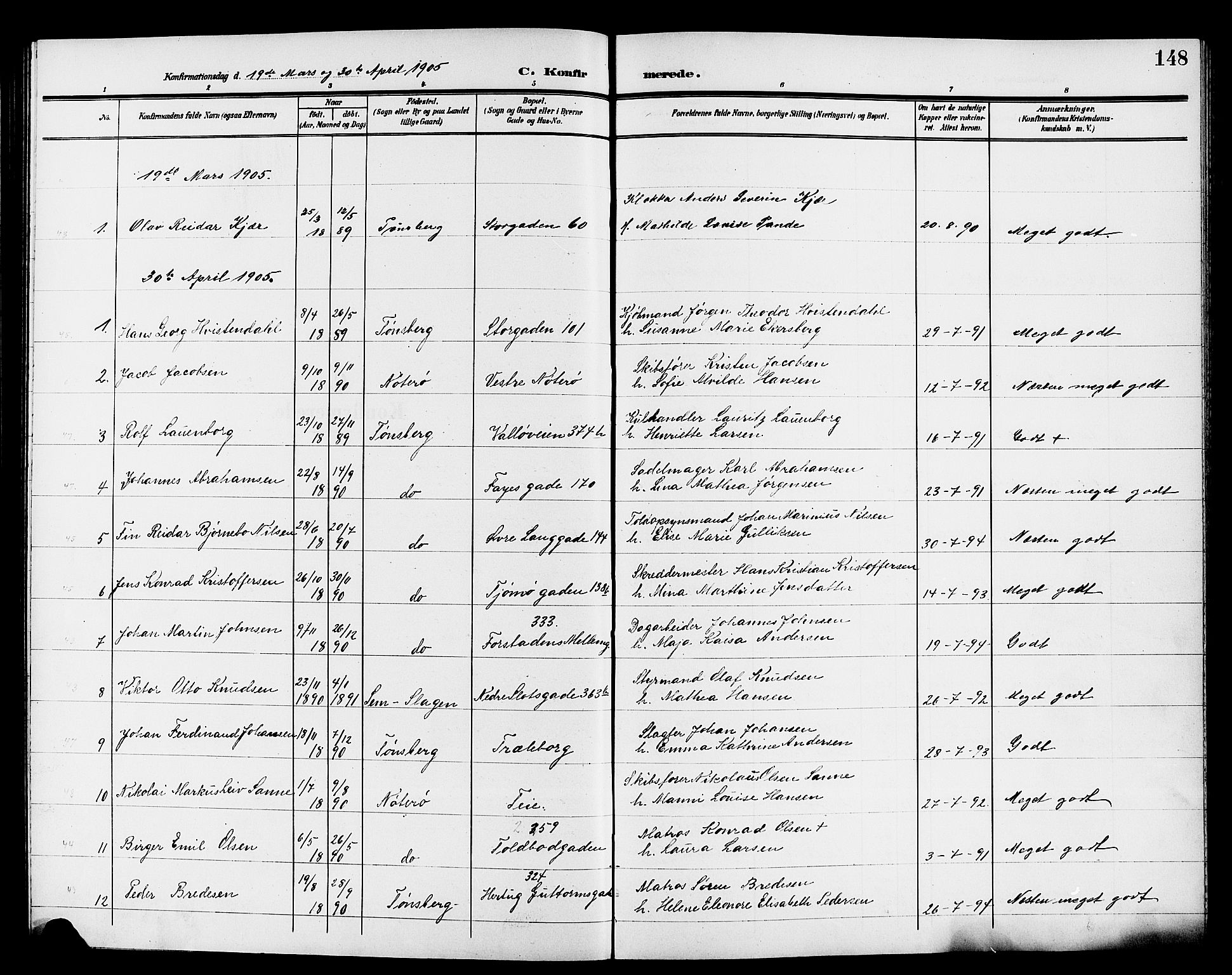 Tønsberg kirkebøker, AV/SAKO-A-330/G/Ga/L0008: Parish register (copy) no. 8, 1905-1912, p. 148