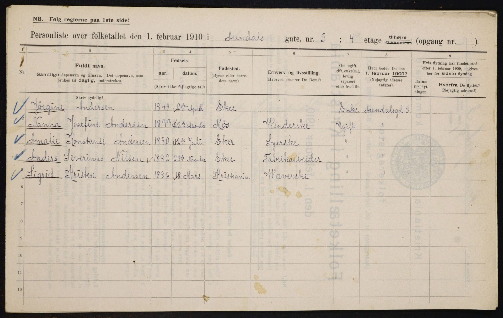 OBA, Municipal Census 1910 for Kristiania, 1910, p. 1844