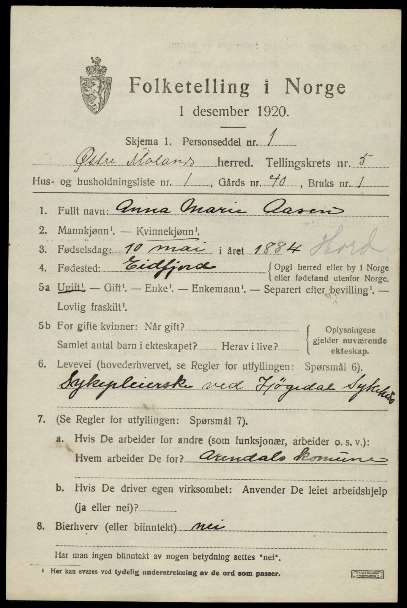 SAK, 1920 census for Austre Moland, 1920, p. 2693