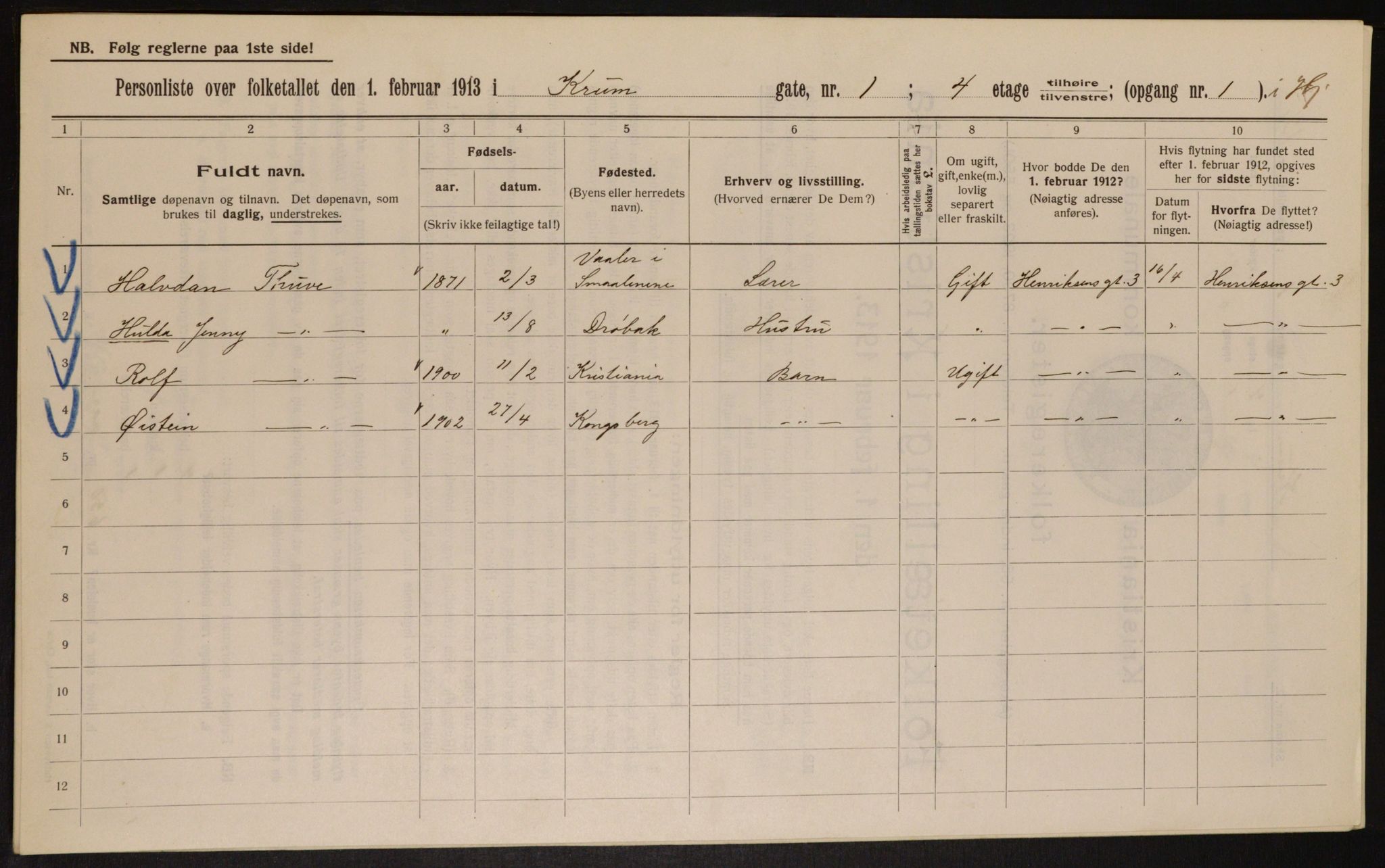 OBA, Municipal Census 1913 for Kristiania, 1913, p. 54435